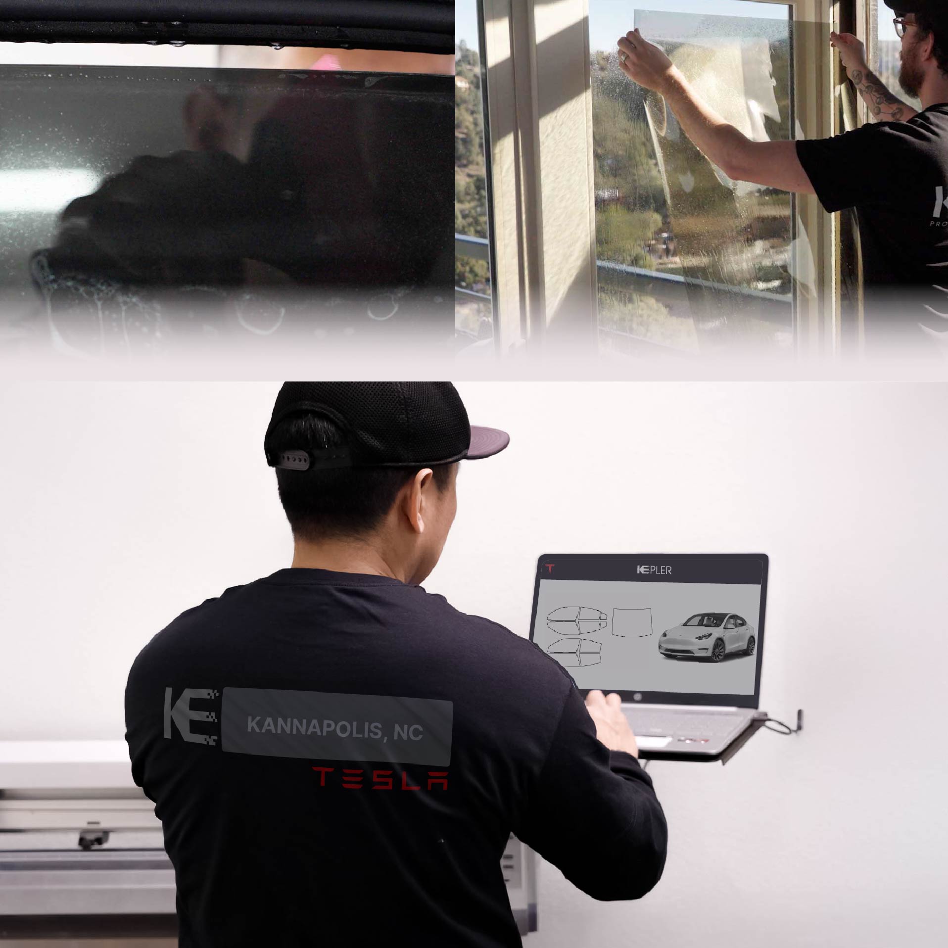 Kepler Technician Applying High-tech Window Tint to Tesla in Kannapolis
