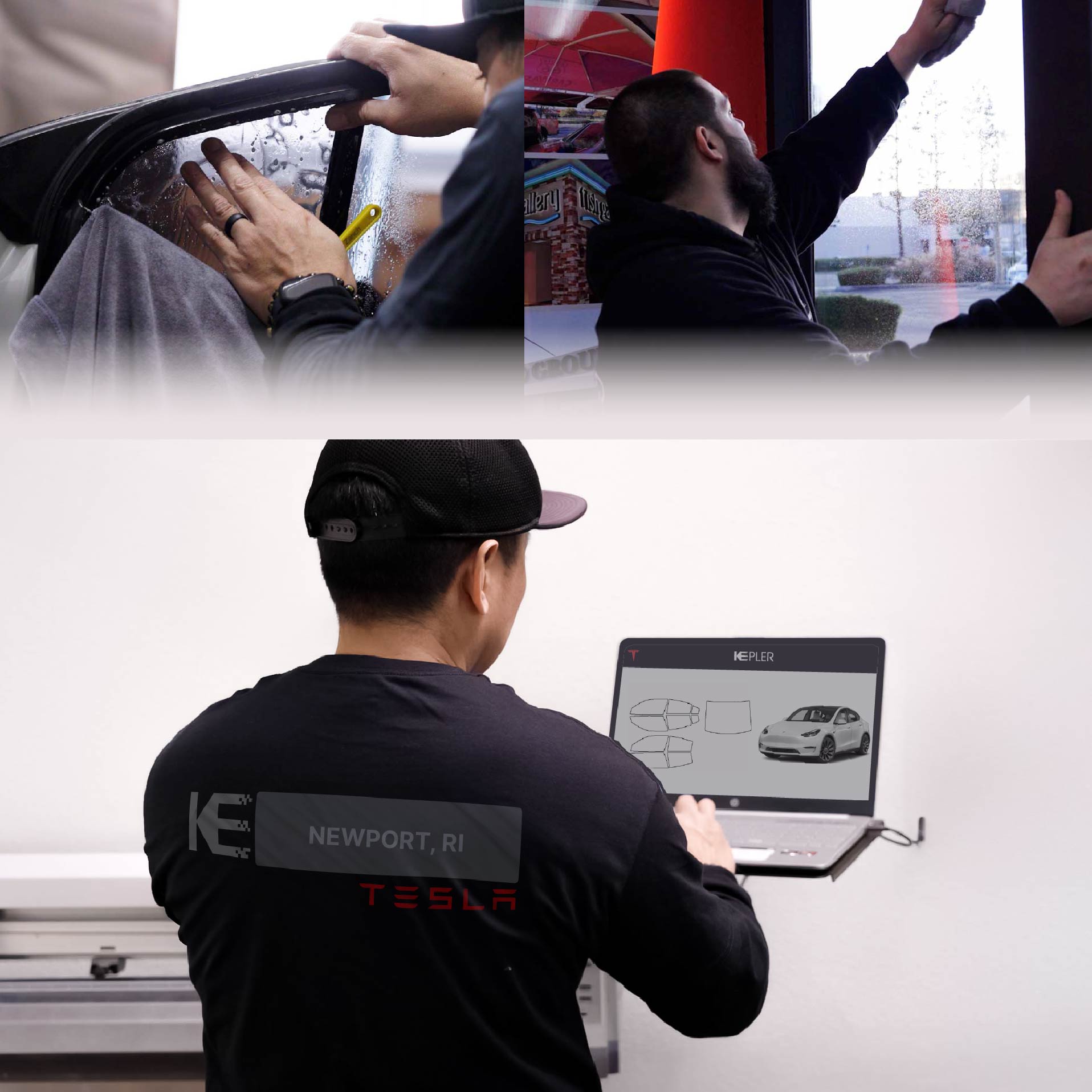 Expert Technician Applying Advanced Window Tint to Tesla in Newport
