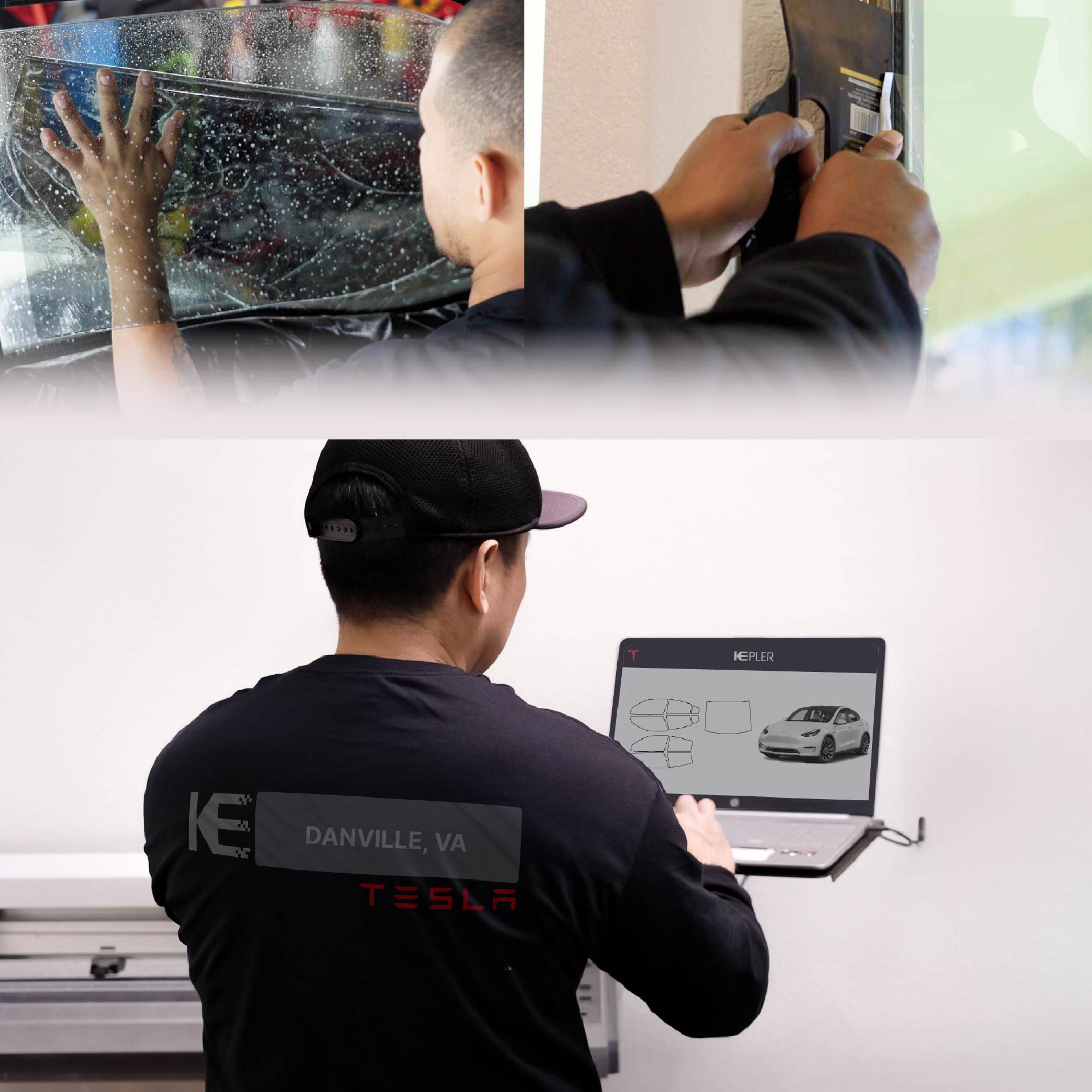 Kepler Technician Applying Ceramic Window Tint to Tesla in Danville