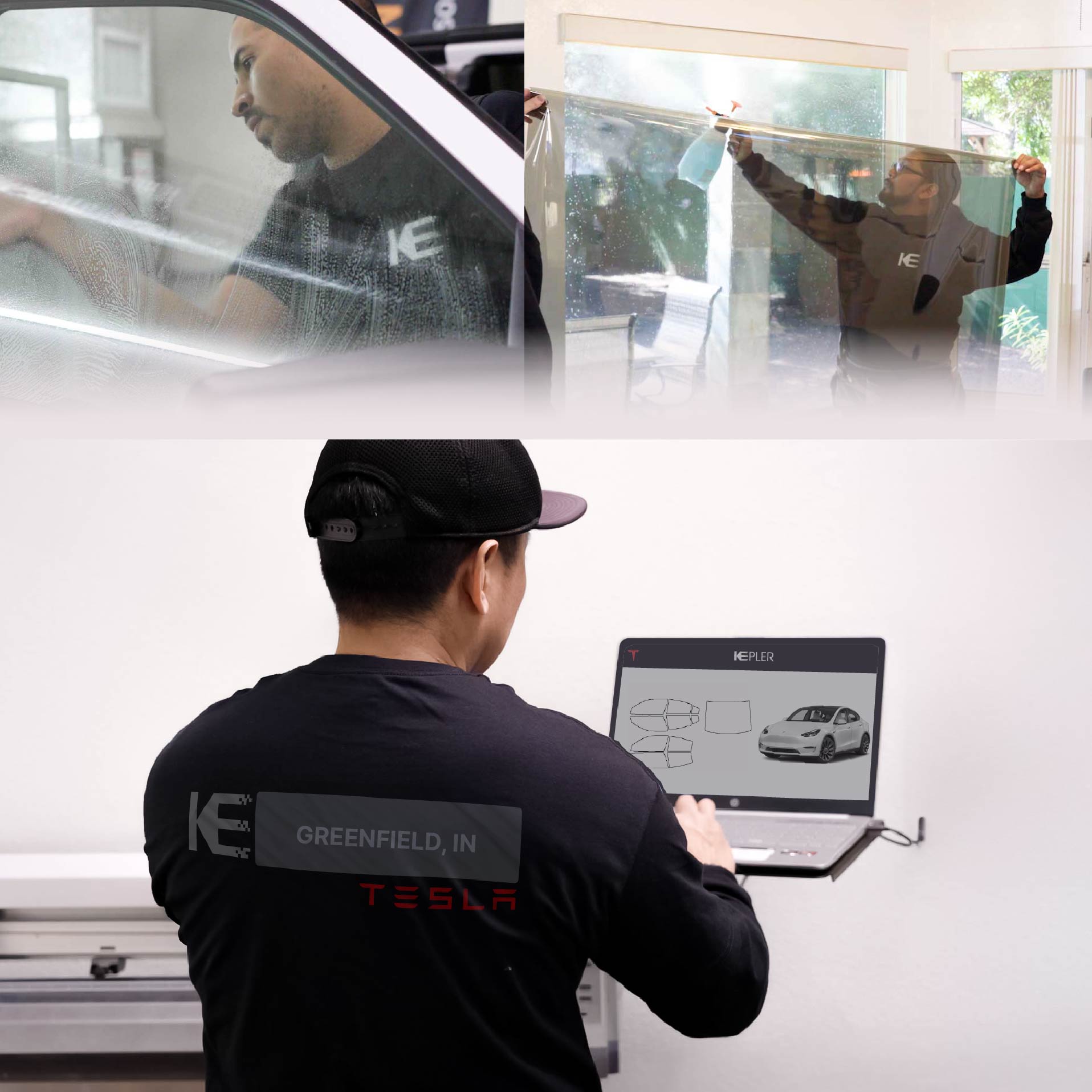 Kepler Technician Applying Ceramic Window Tint to Tesla in Greenfield