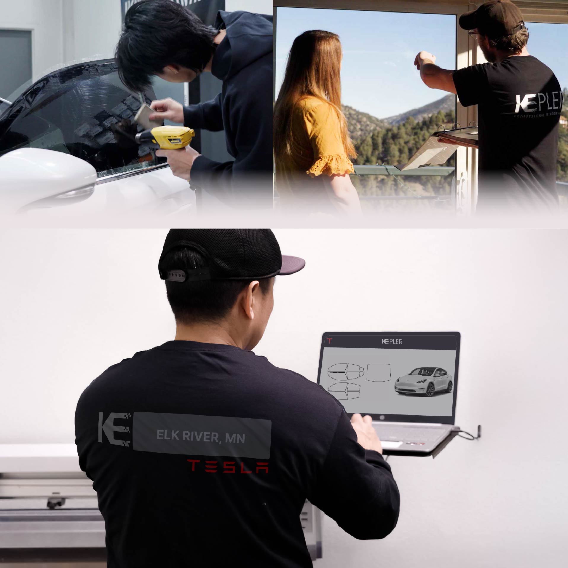 Expert Technician Fitting Advanced Window Tint to Tesla in Elk River