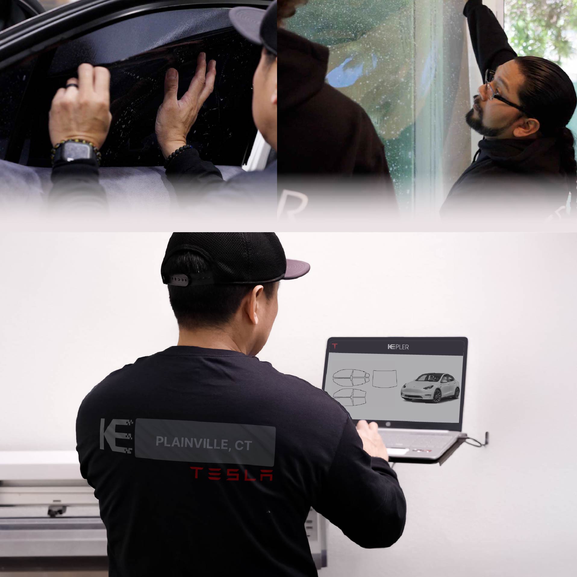 Kepler Technician Installing Advanced Window Tint to Tesla in Plainville