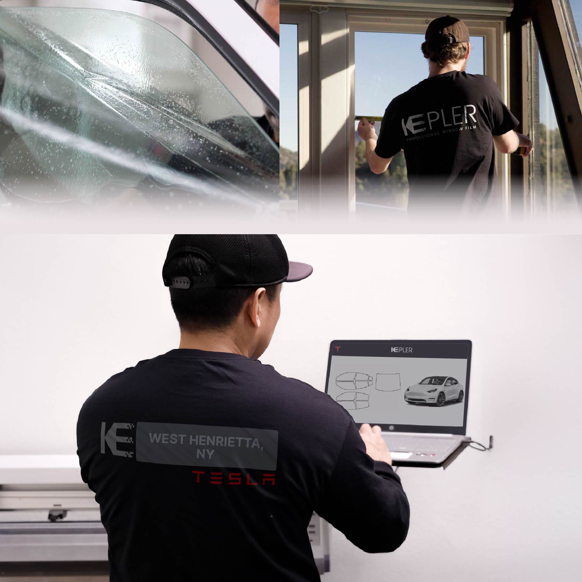 Expert Technician Fitting Ceramic Window Tint to Tesla in West Henrietta
