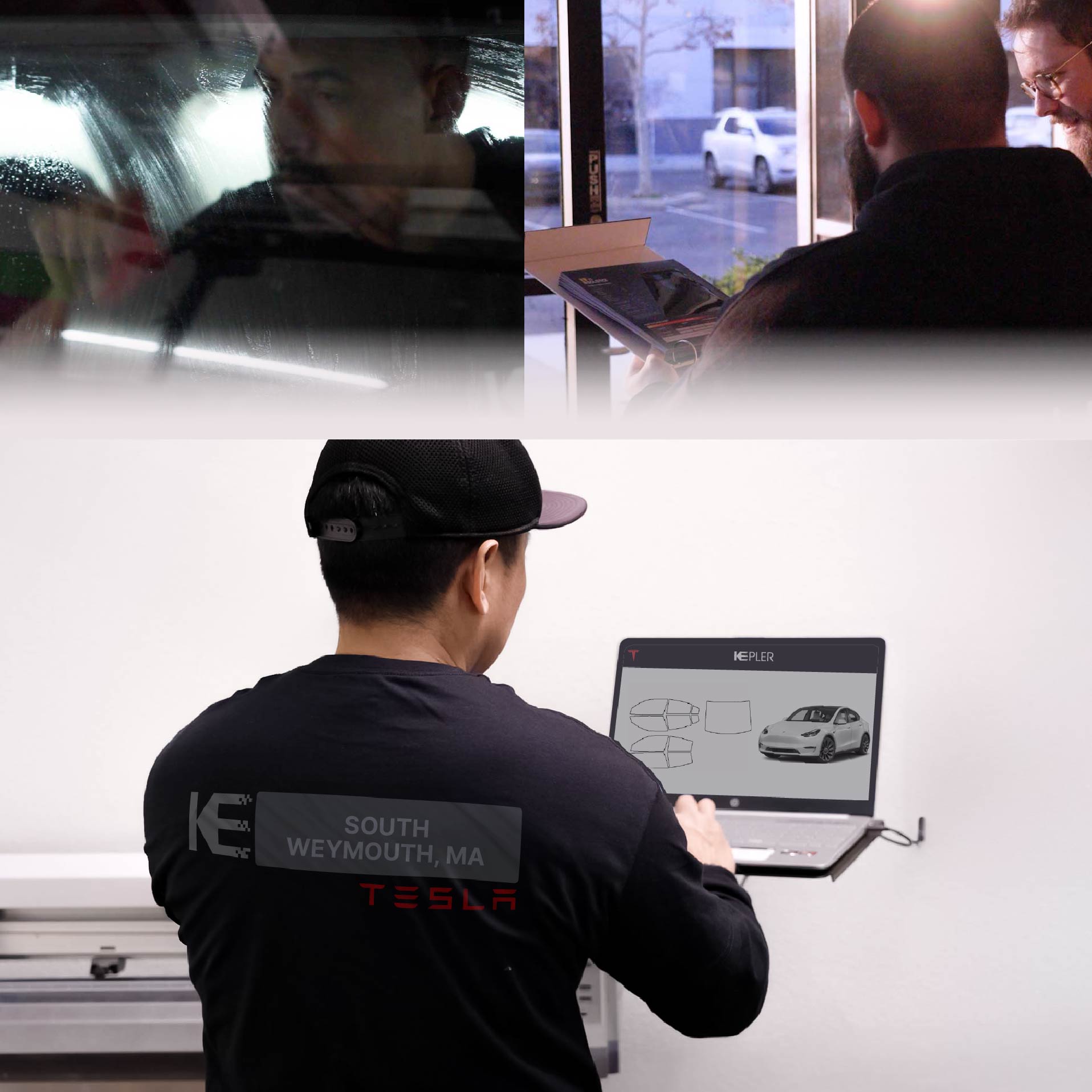 Expert Technician Fitting High-tech Window Tint to Tesla in South Weymouth