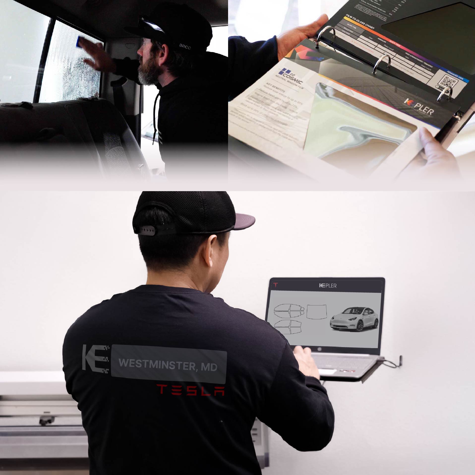 Expert Technician Fitting High-tech Window Tint to Tesla in Westminster