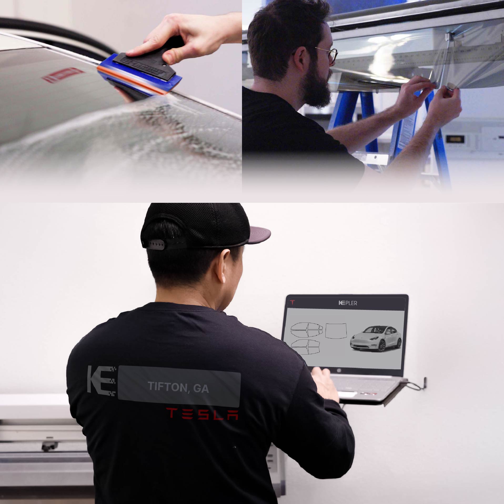 Kepler Technician Fitting Advanced Window Tint to Tesla in Tifton