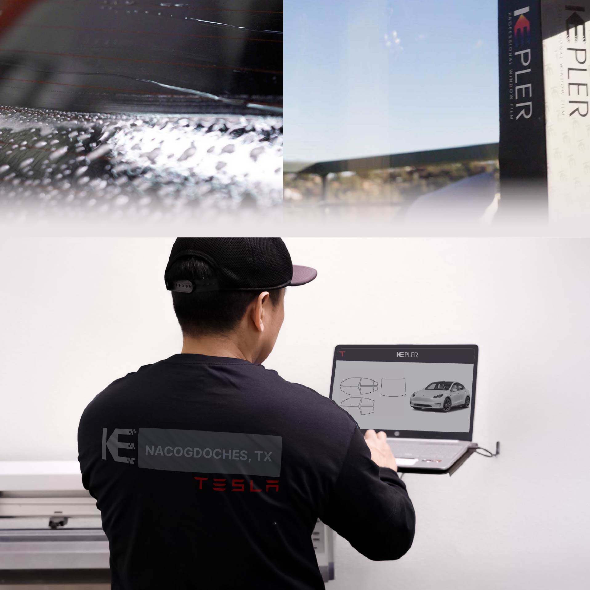 Expert Technician Fitting High-tech Window Tint to Tesla in Nacogdoches