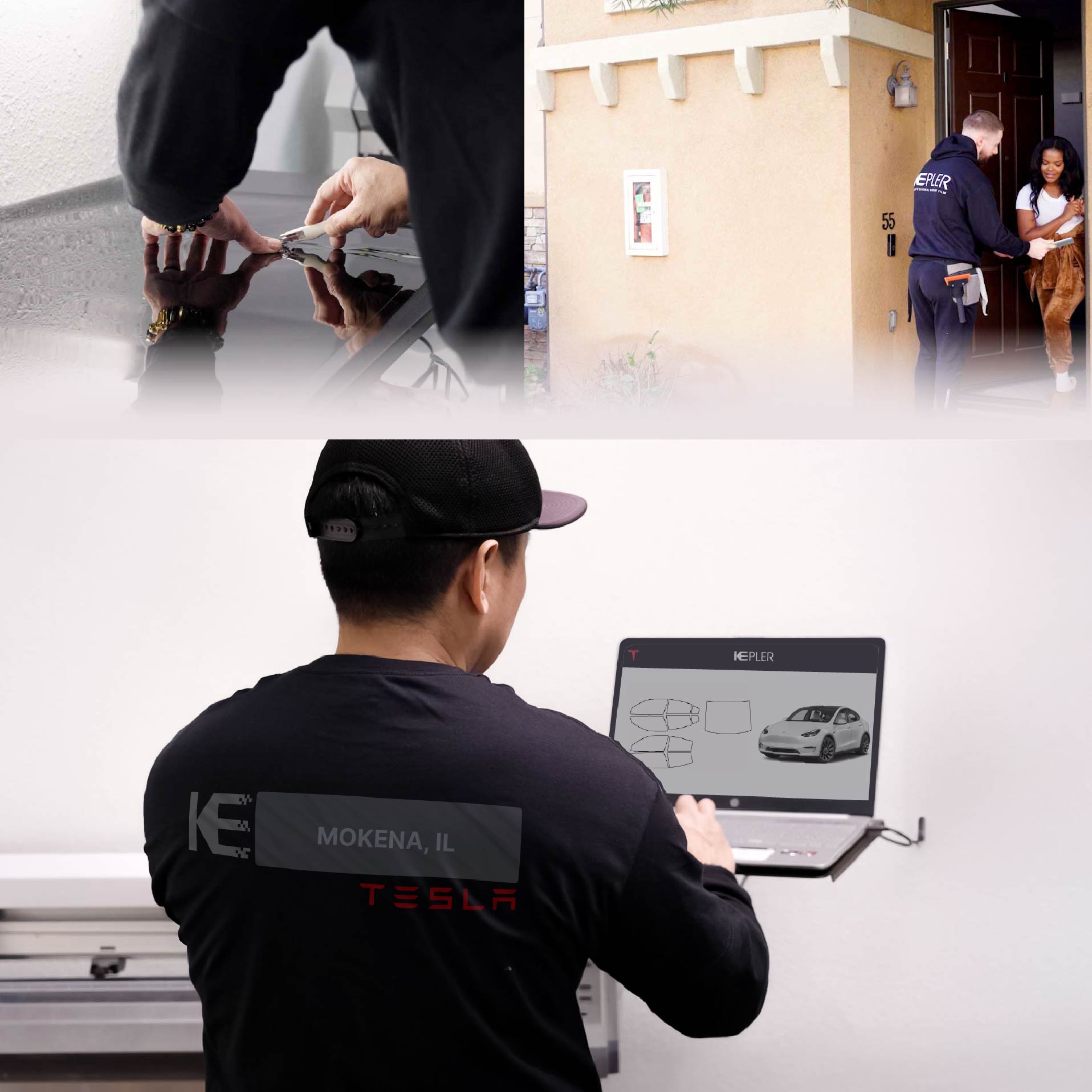 Kepler Technician Applying High-tech Window Tint to Tesla in Mokena