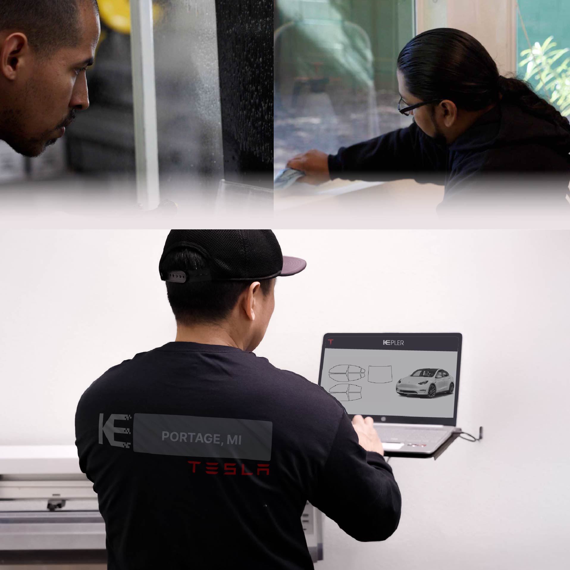 Kepler Technician Installing Ceramic Window Tint to Tesla in Portage