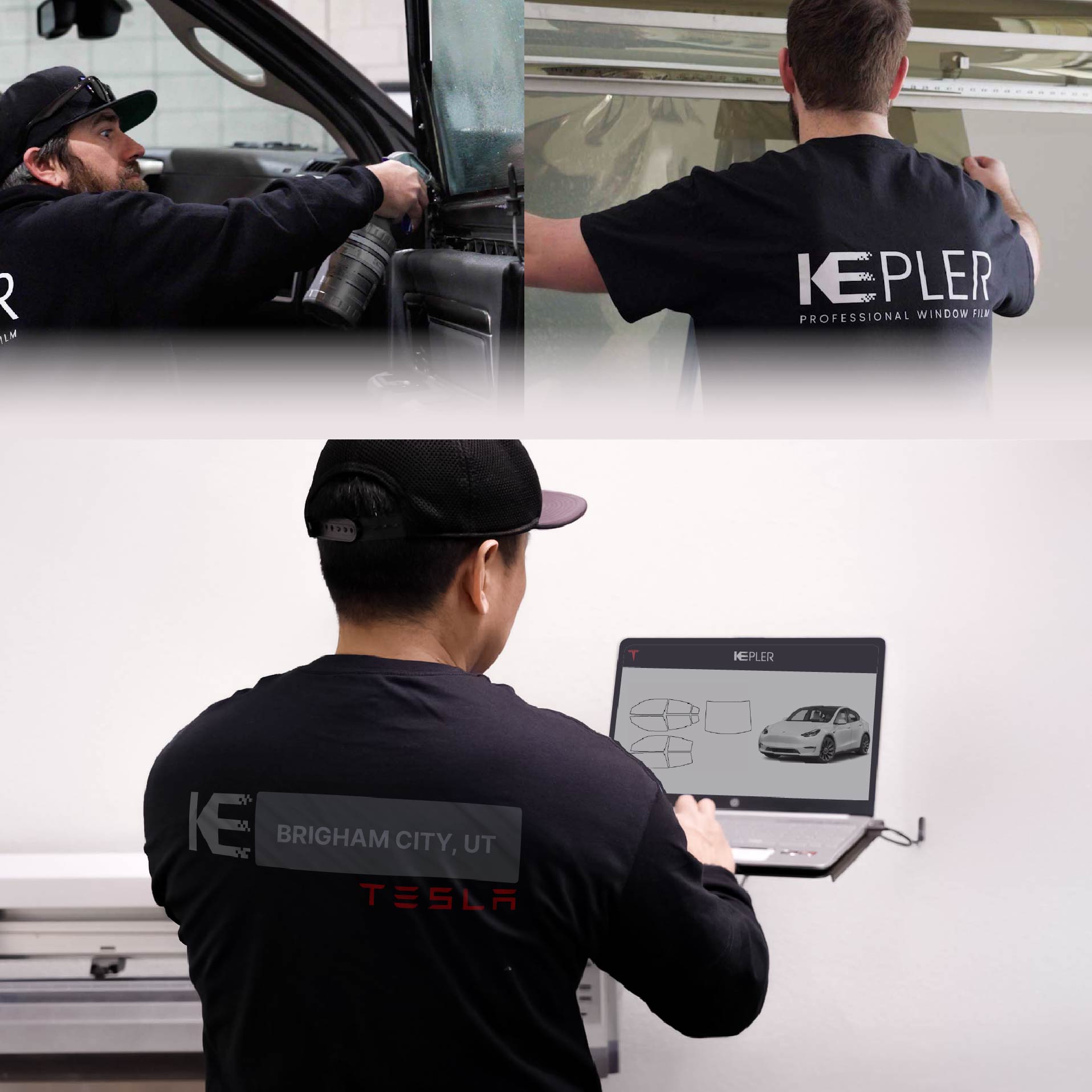 Kepler Technician Installing High-tech Window Tint to Tesla in Brigham City