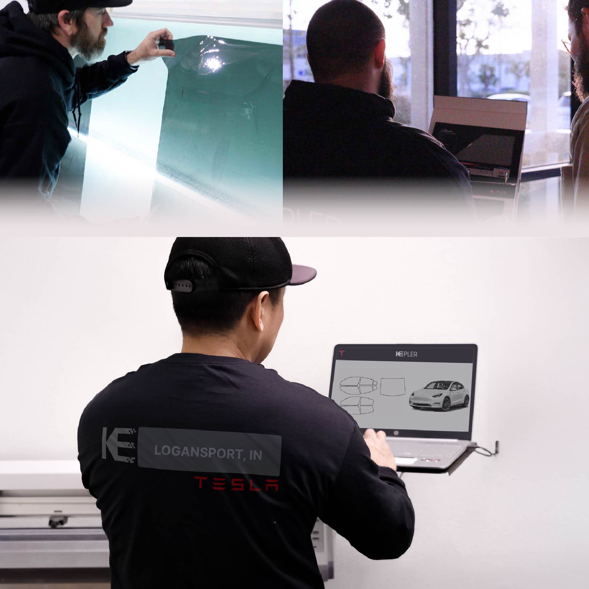 Kepler Technician Applying Ceramic Window Tint to Tesla in Logansport