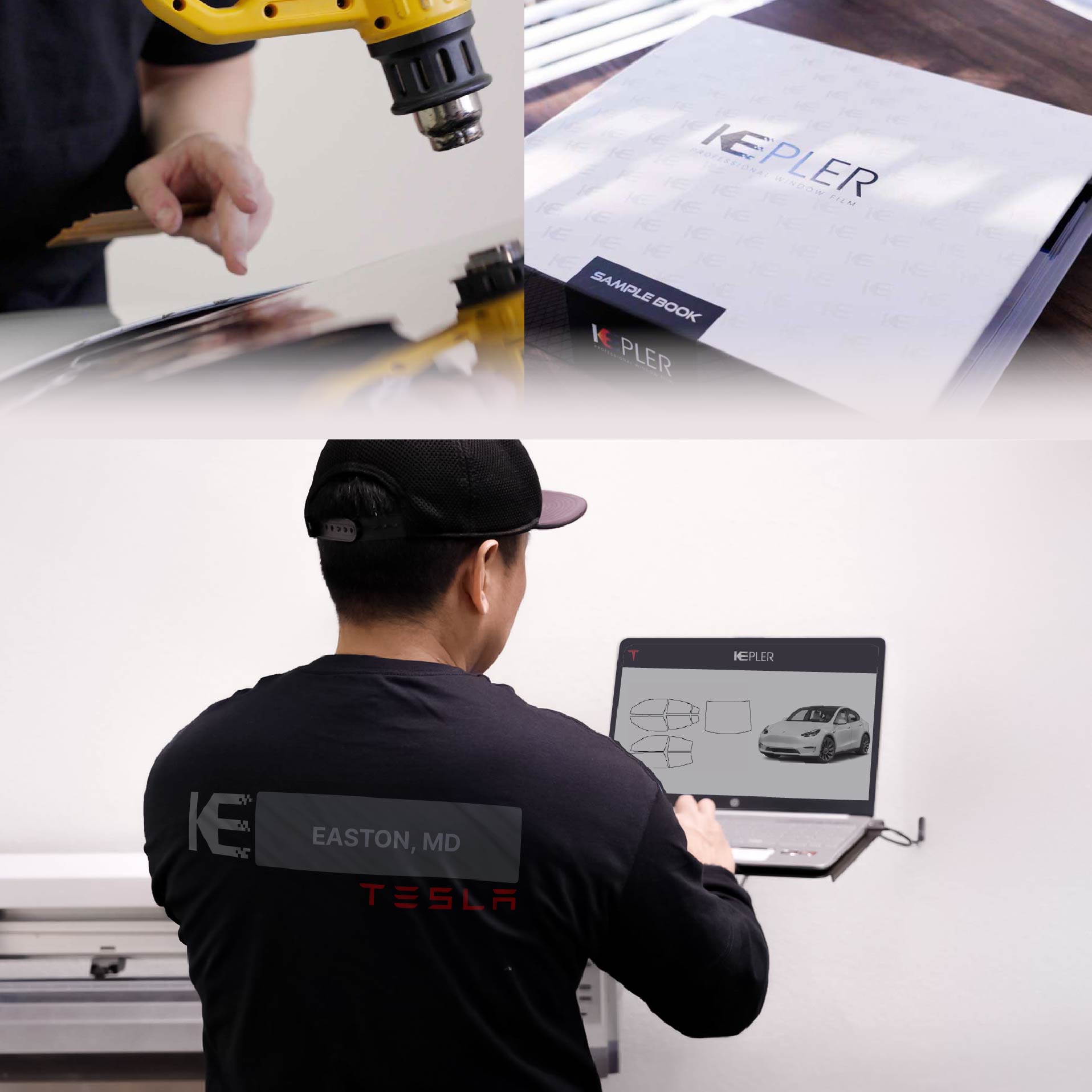 Kepler Technician Fitting Advanced Window Tint to Tesla in Easton
