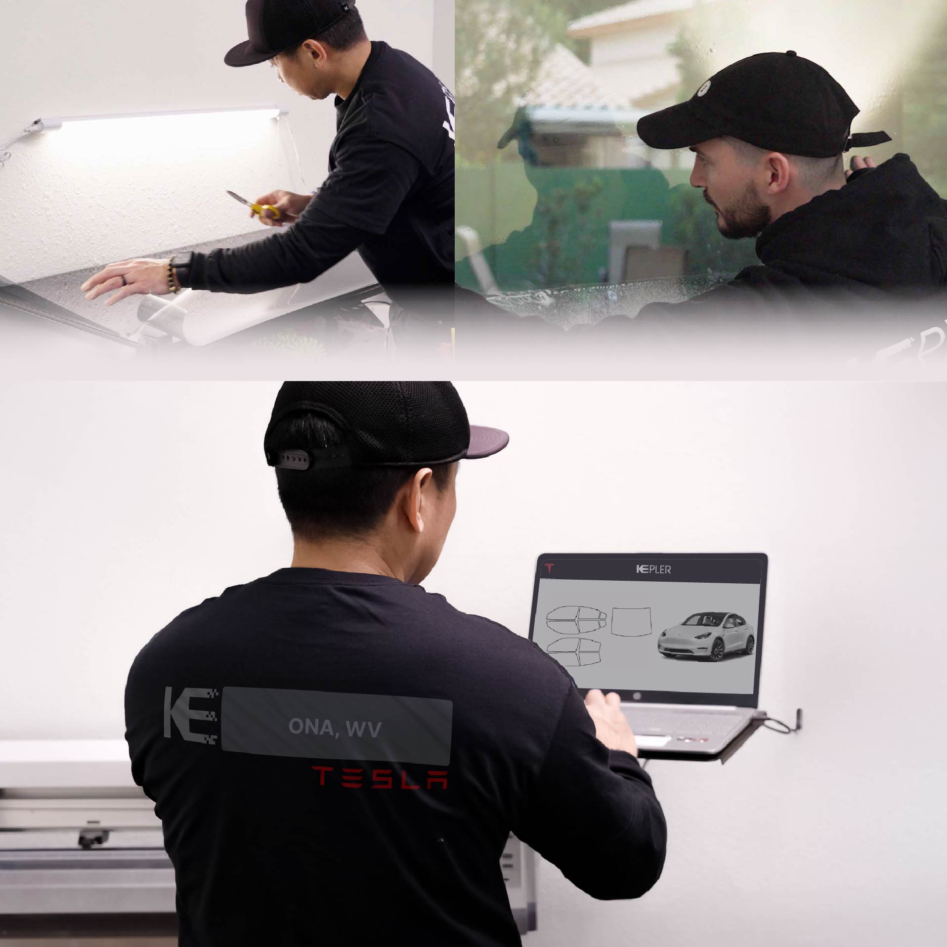 Expert Technician Installing High-tech Window Tint to Tesla in Ona