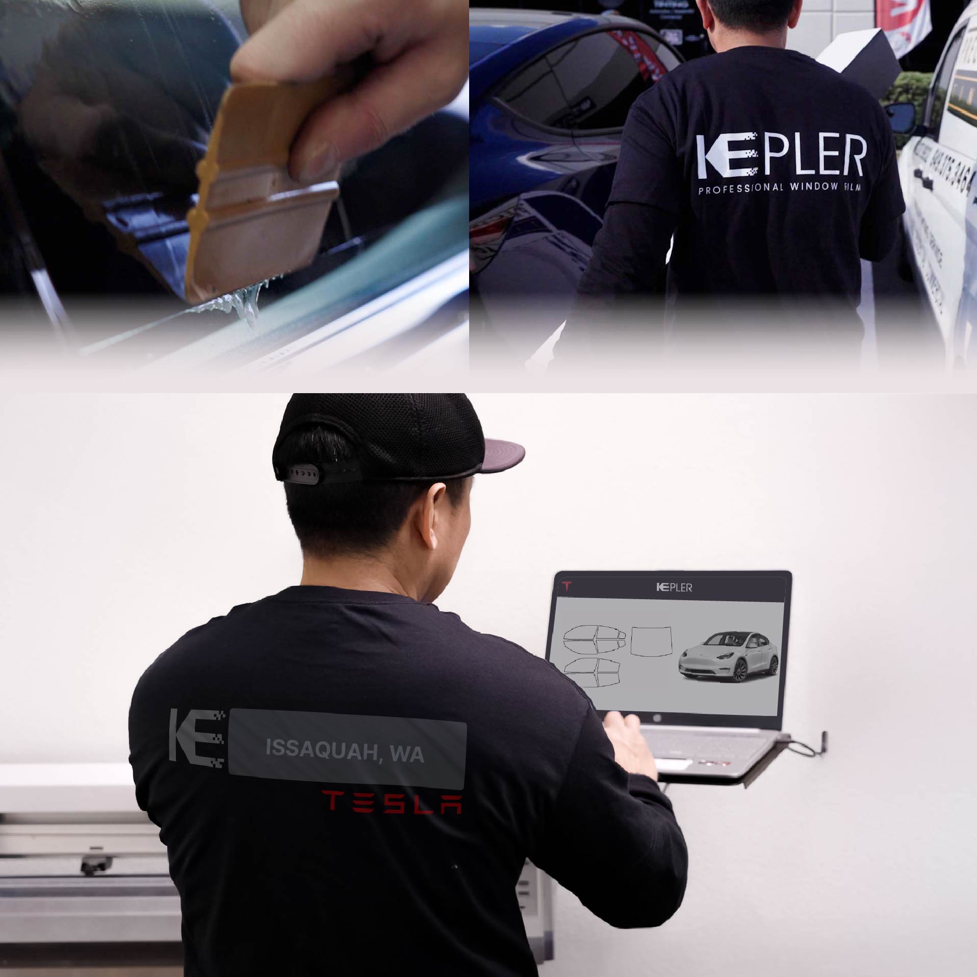 Kepler Technician Applying Ceramic Window Tint to Tesla in Issaquah