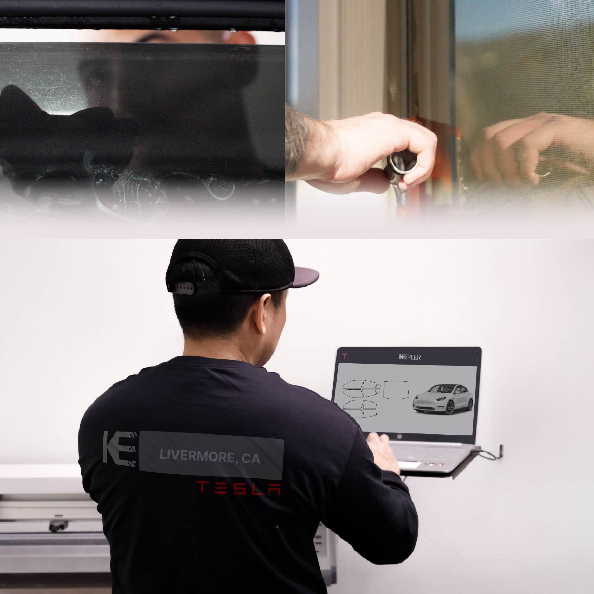 Kepler Technician Installing Ceramic Window Tint to Tesla in Livermore