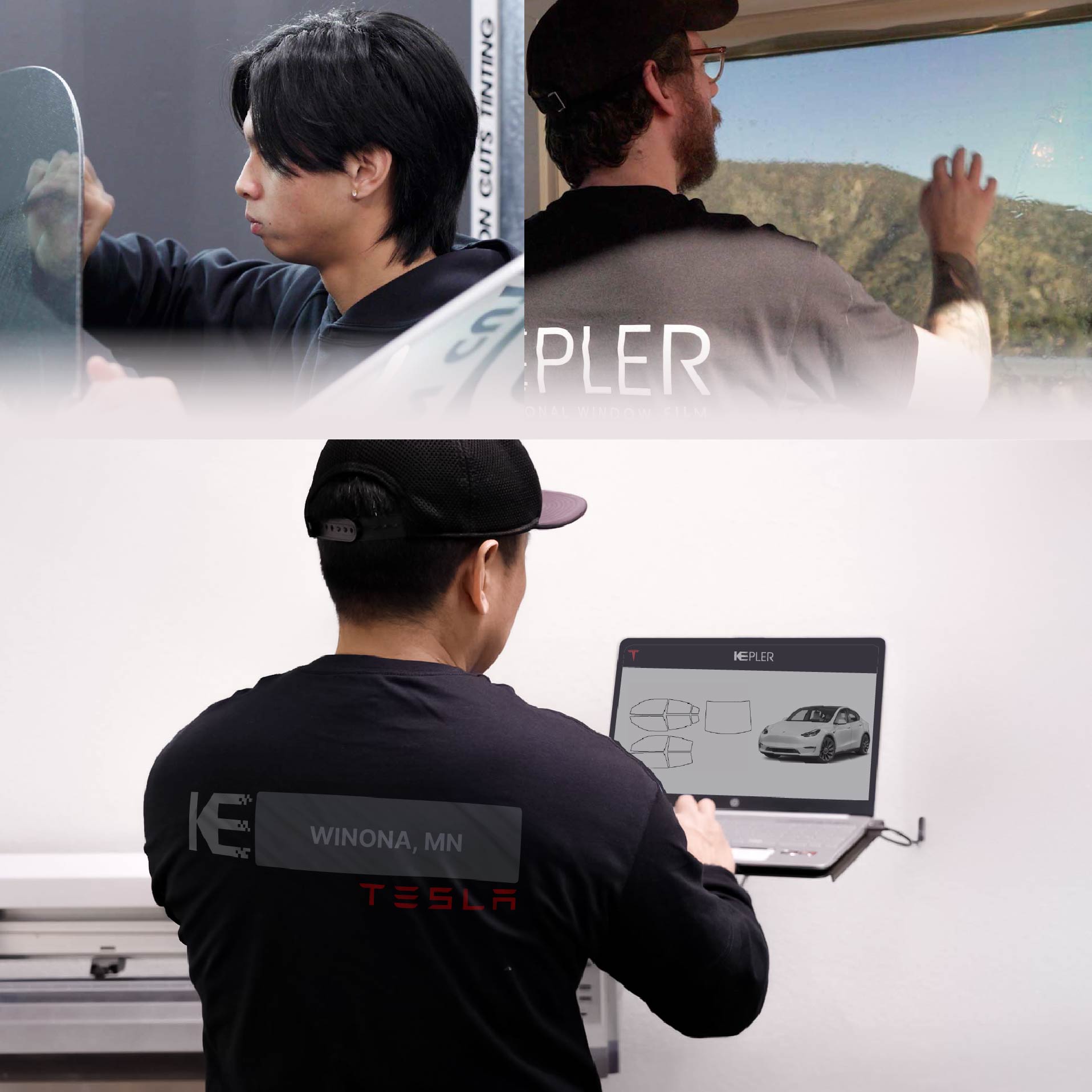Kepler Technician Applying High-tech Window Tint to Tesla in Winona