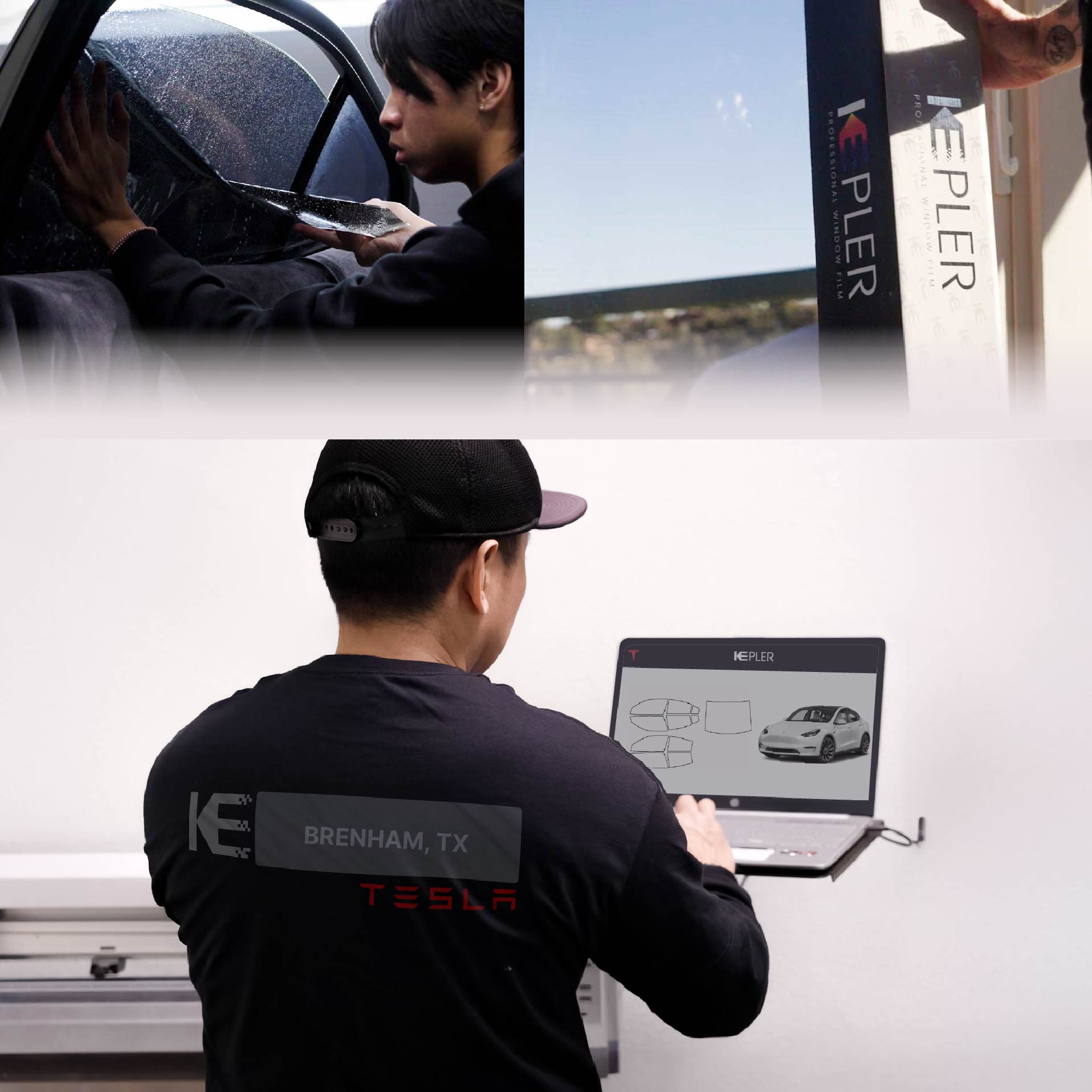 Kepler Technician Applying High-tech Window Tint to Tesla in Brenham