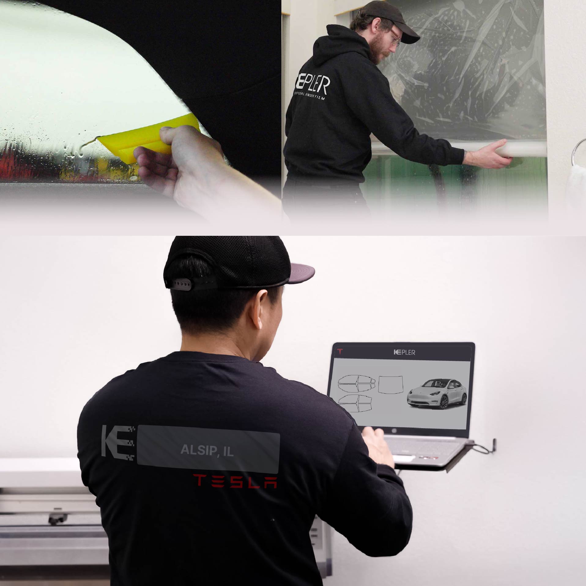 Expert Technician Applying Advanced Window Tint to Tesla in Alsip