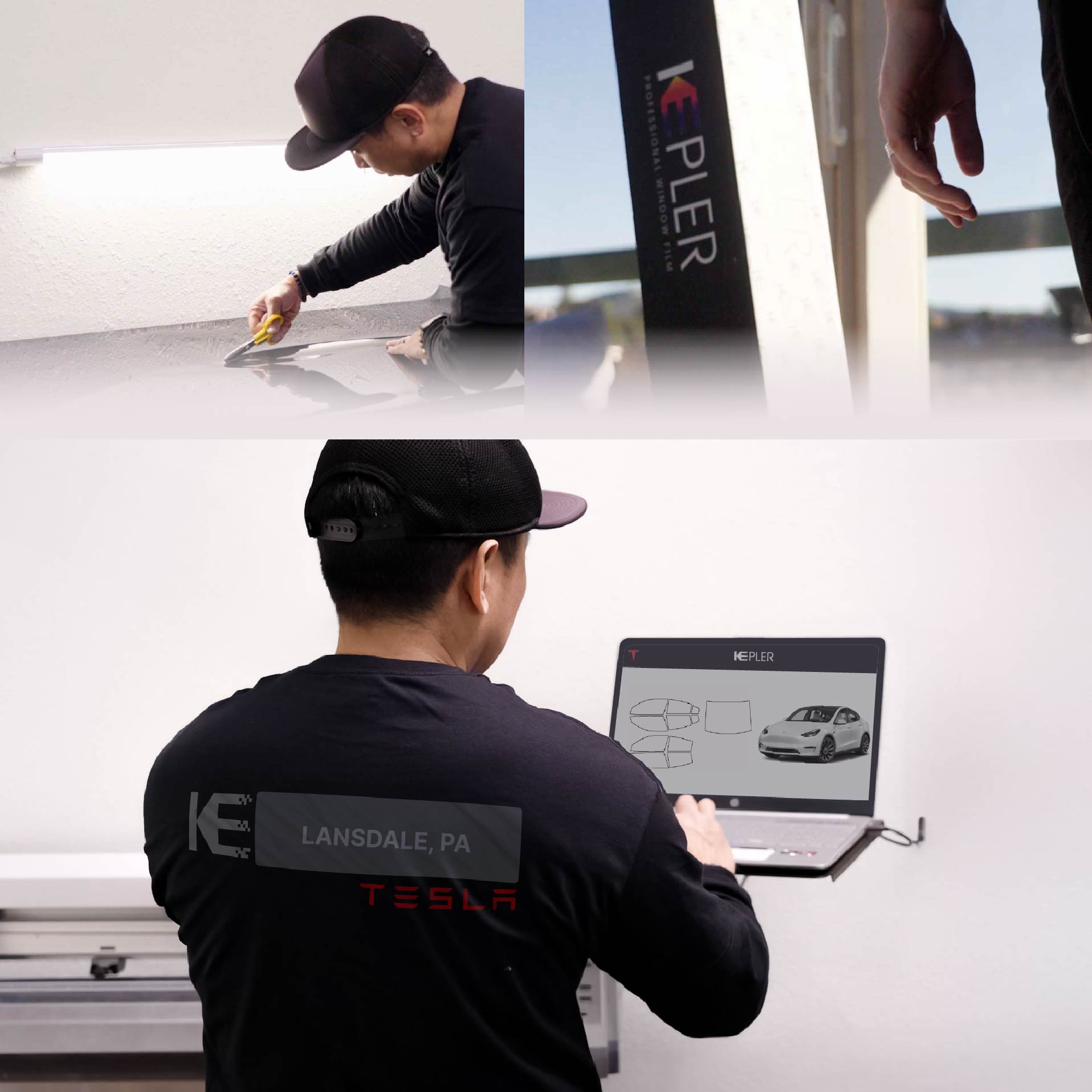 Expert Technician Installing Ceramic Window Tint to Tesla in Lansdale
