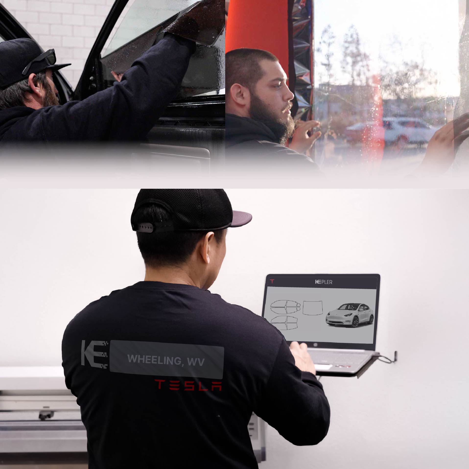 Expert Technician Installing High-tech Window Tint to Tesla in Wheeling