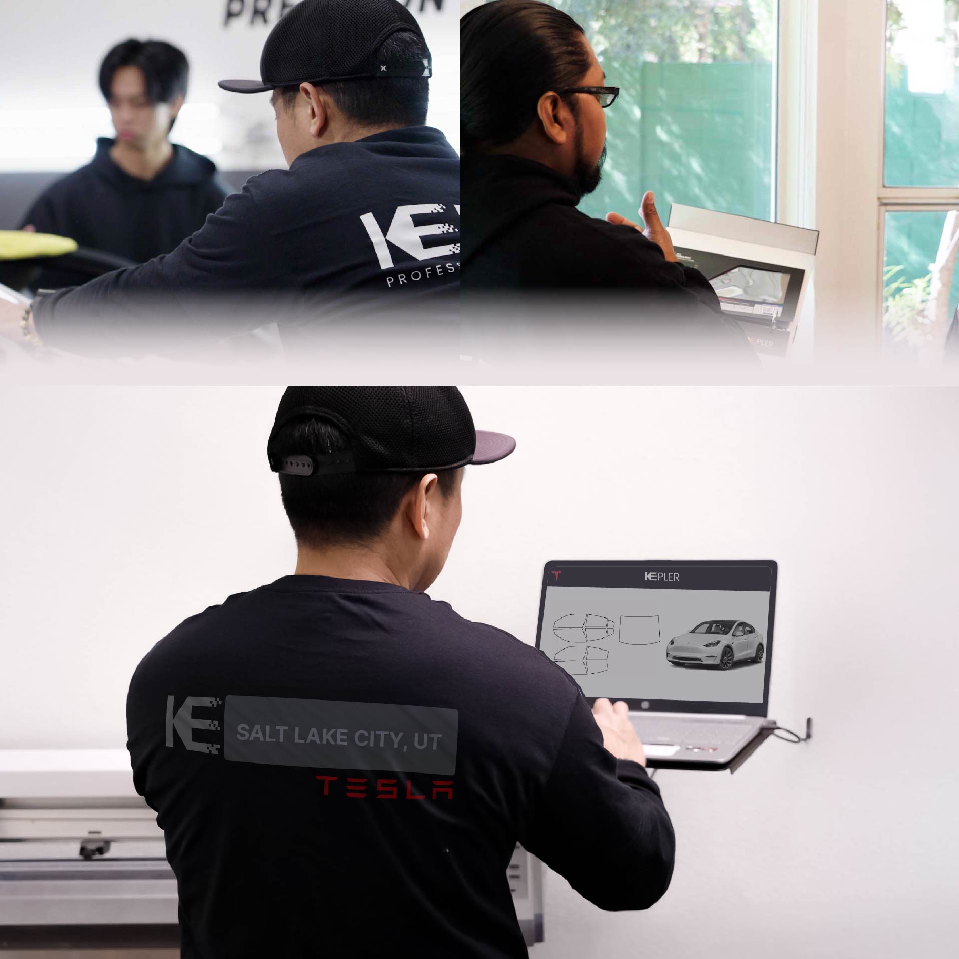 Expert Technician Installing Ceramic Window Tint to Tesla in Salt Lake City