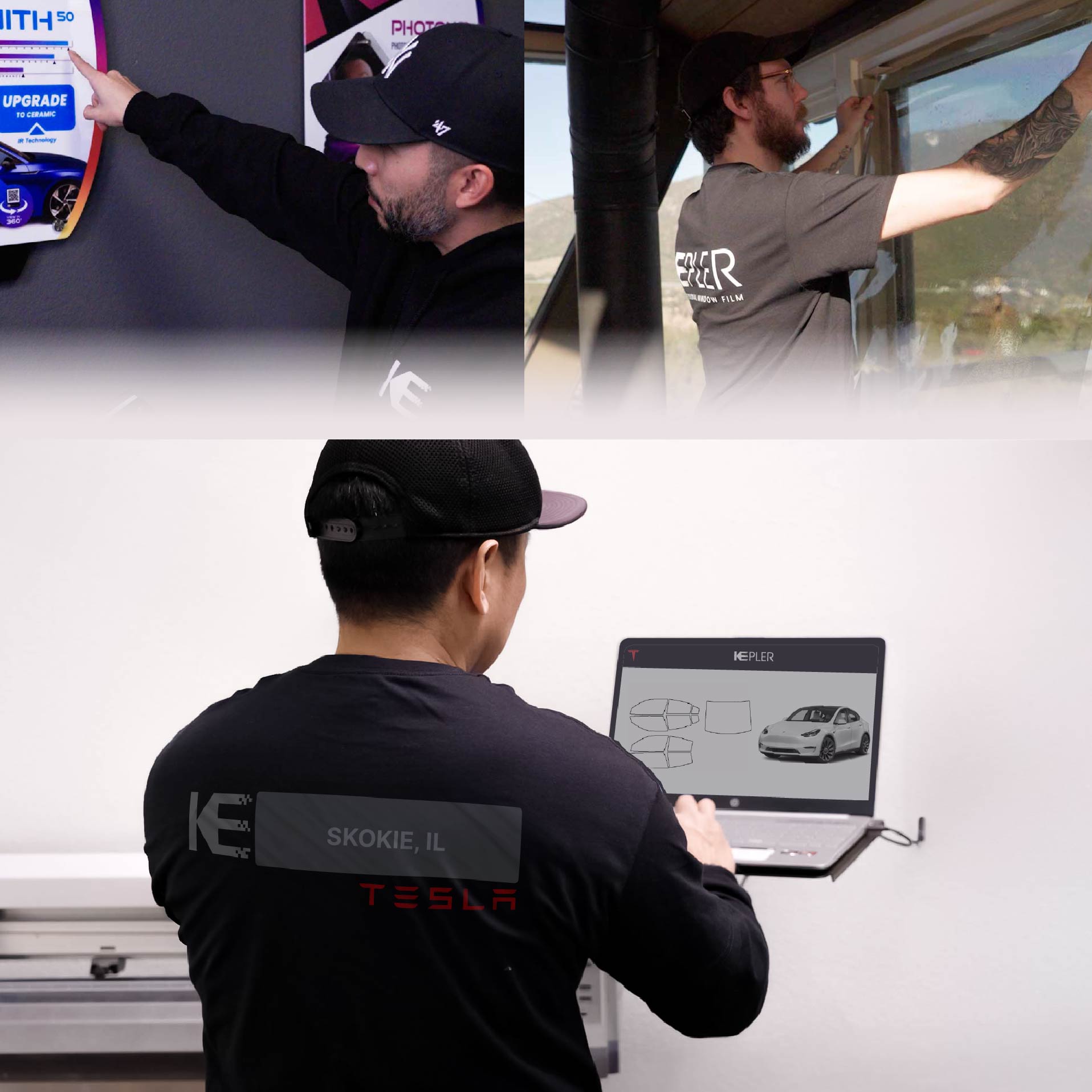 Expert Technician Fitting High-tech Window Tint to Tesla in Skokie
