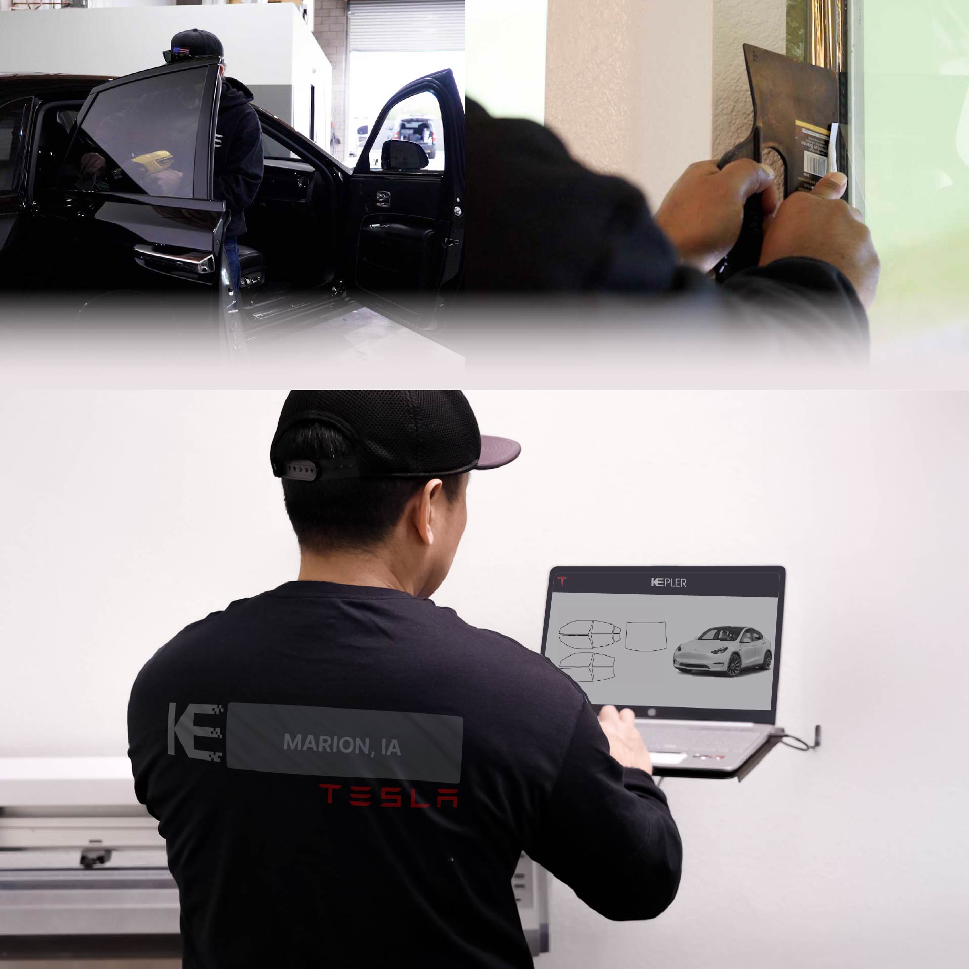 Expert Technician Installing High-tech Window Tint to Tesla in Marion