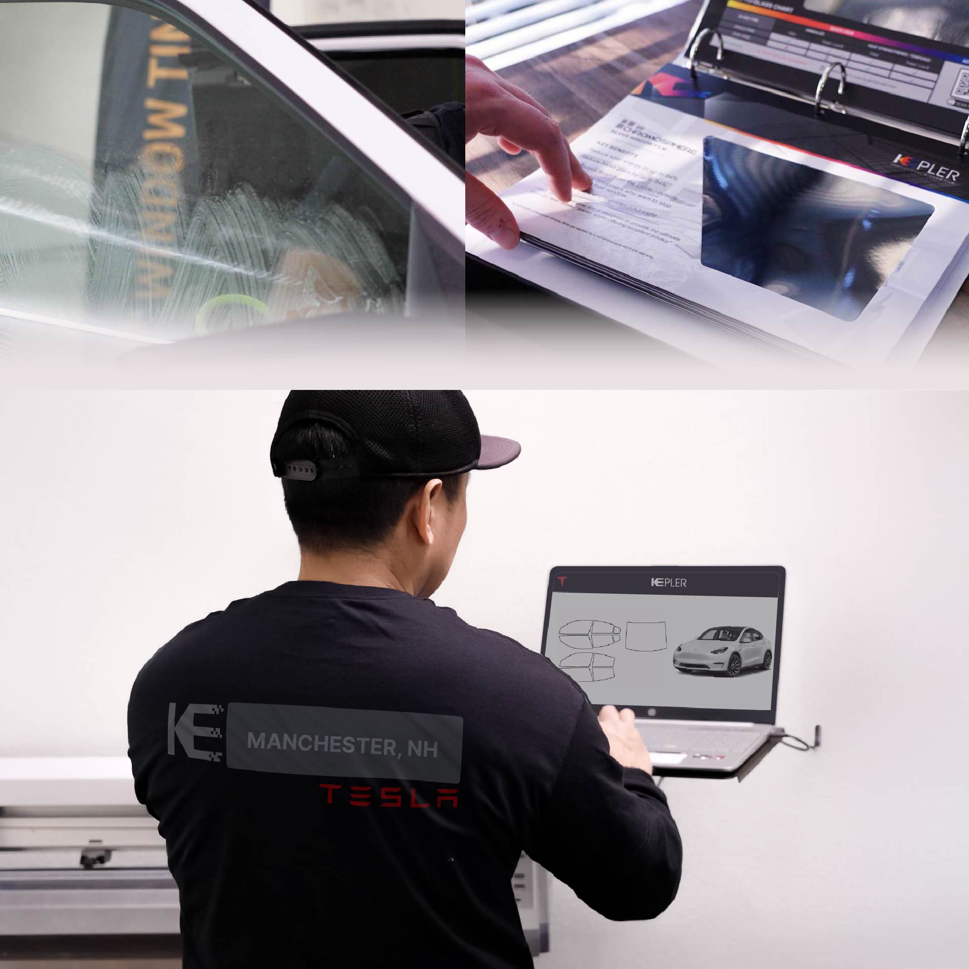 Expert Technician Applying Ceramic Window Tint to Tesla in Manchester