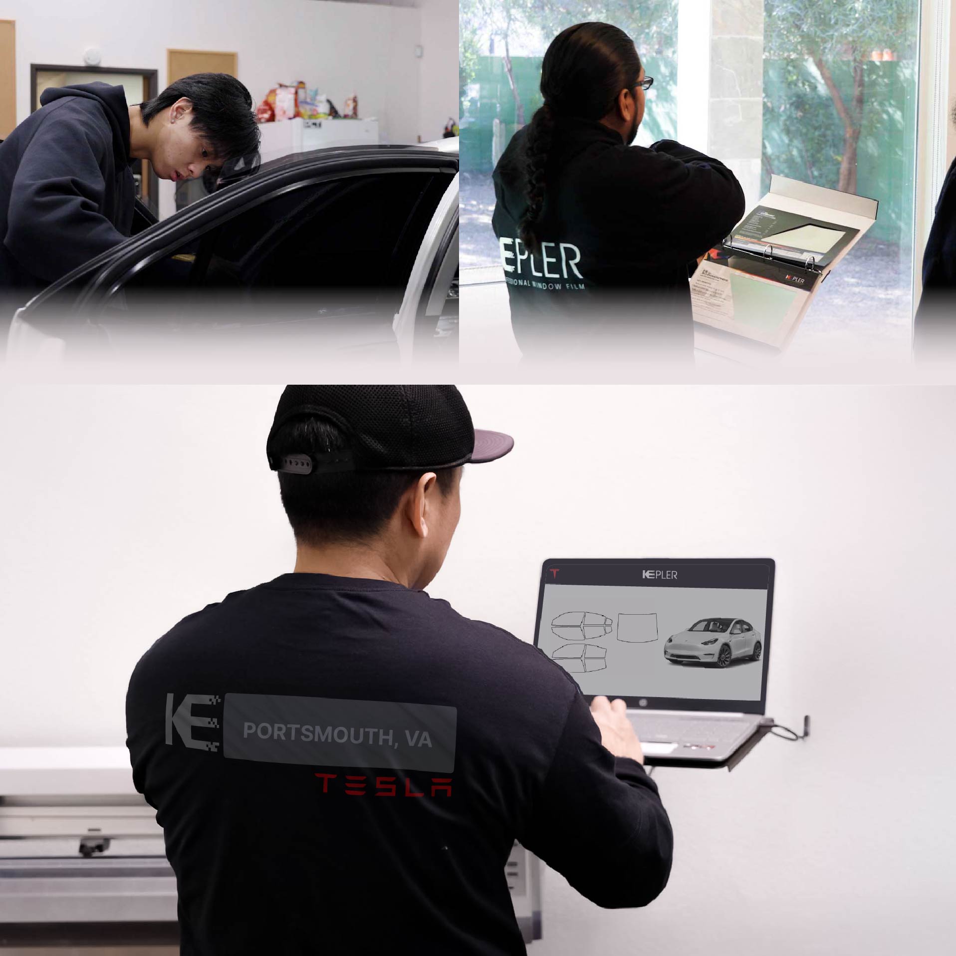 Expert Technician Fitting Advanced Window Tint to Tesla in Portsmouth