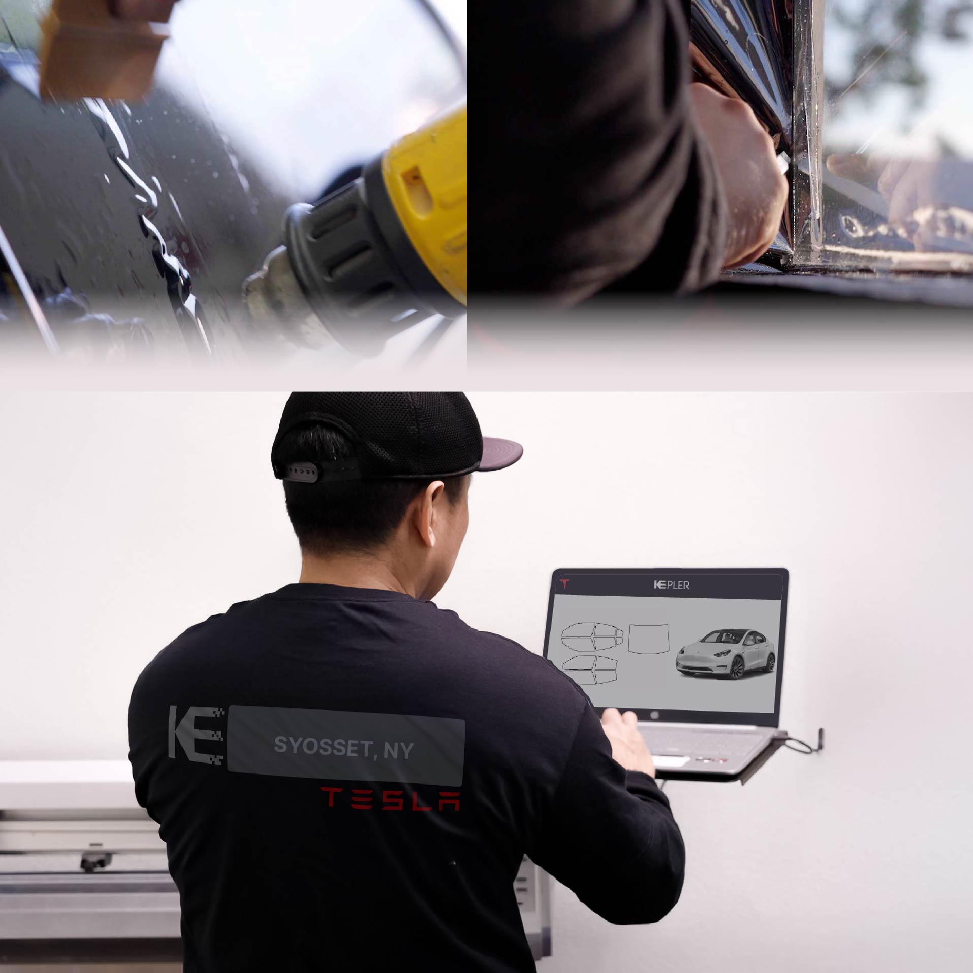 Expert Technician Installing Advanced Window Tint to Tesla in Syosset