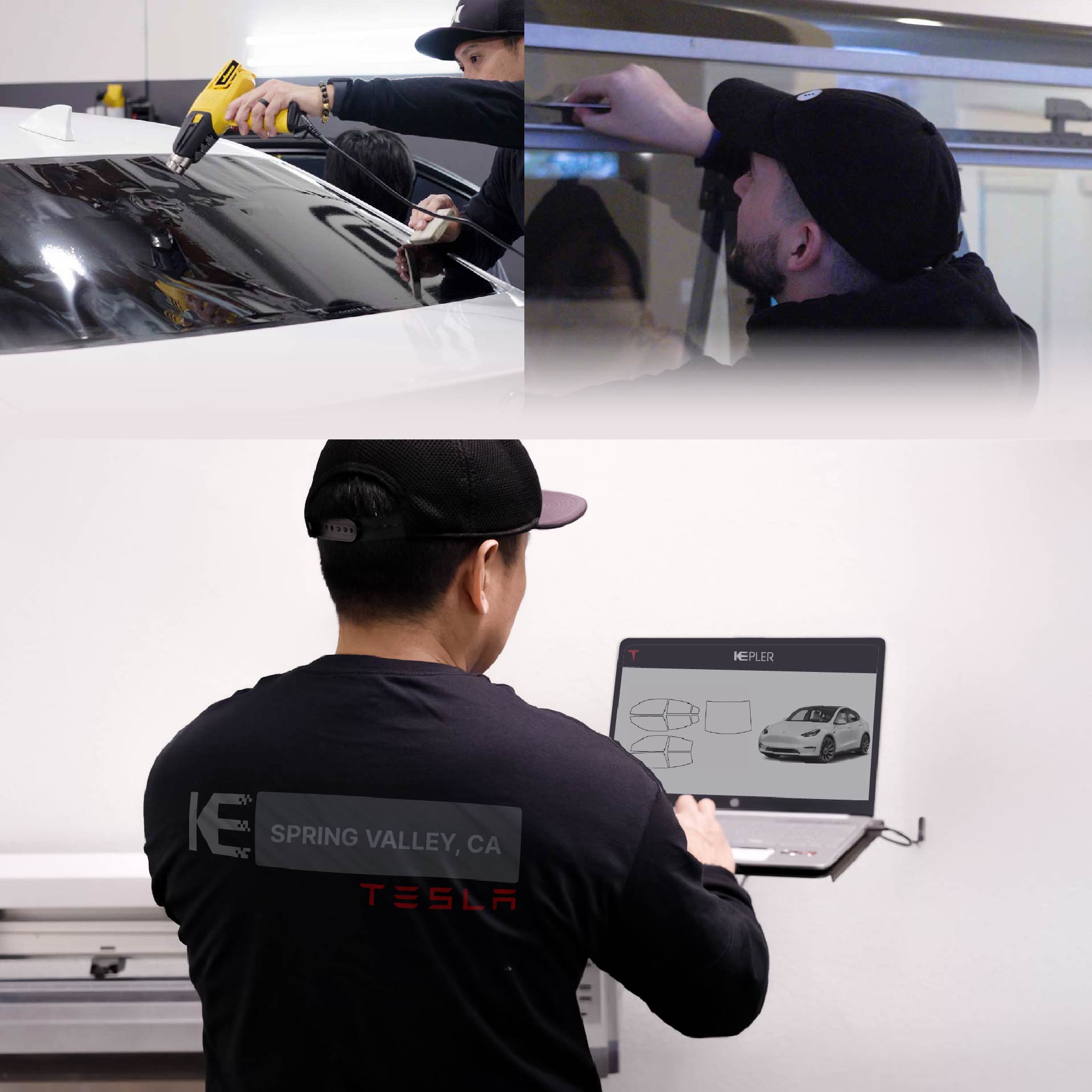 Expert Technician Installing Advanced Window Tint to Tesla in Spring Valley