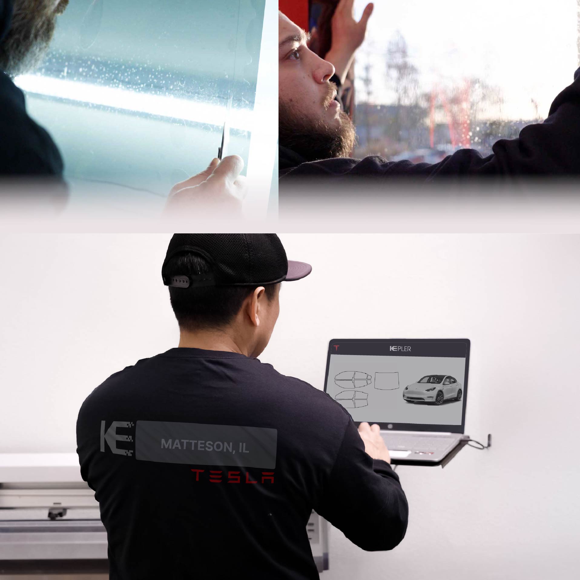 Kepler Technician Fitting High-tech Window Tint to Tesla in Matteson