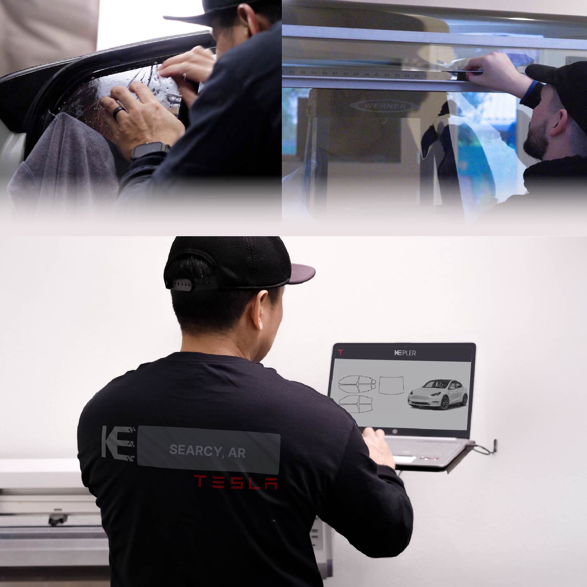 Kepler Technician Fitting Advanced Window Tint to Tesla in Searcy