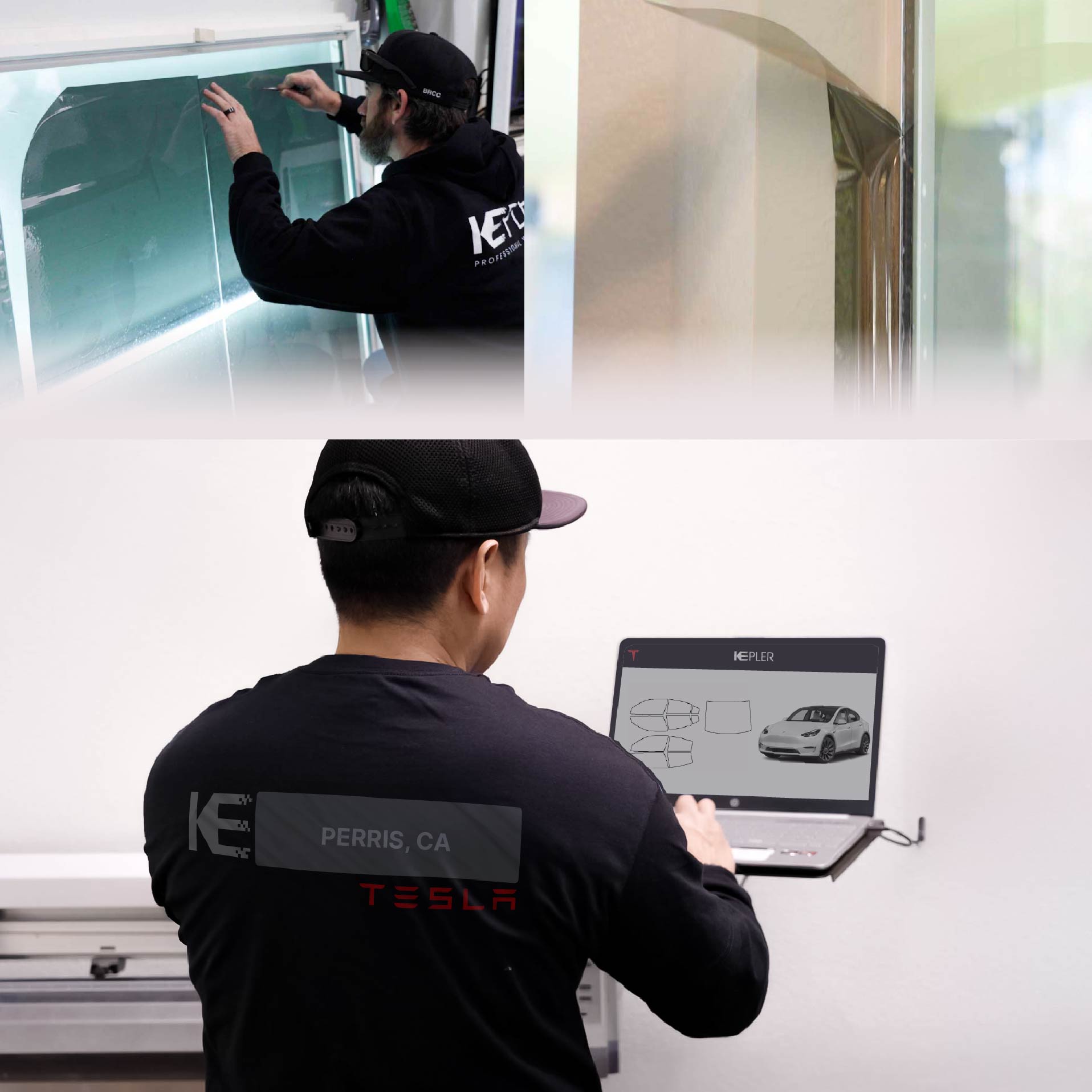 Expert Technician Fitting Advanced Window Tint to Tesla in Perris