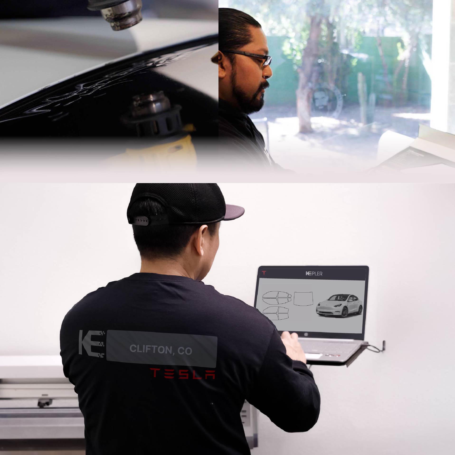 Expert Technician Fitting Advanced Window Tint to Tesla in Clifton