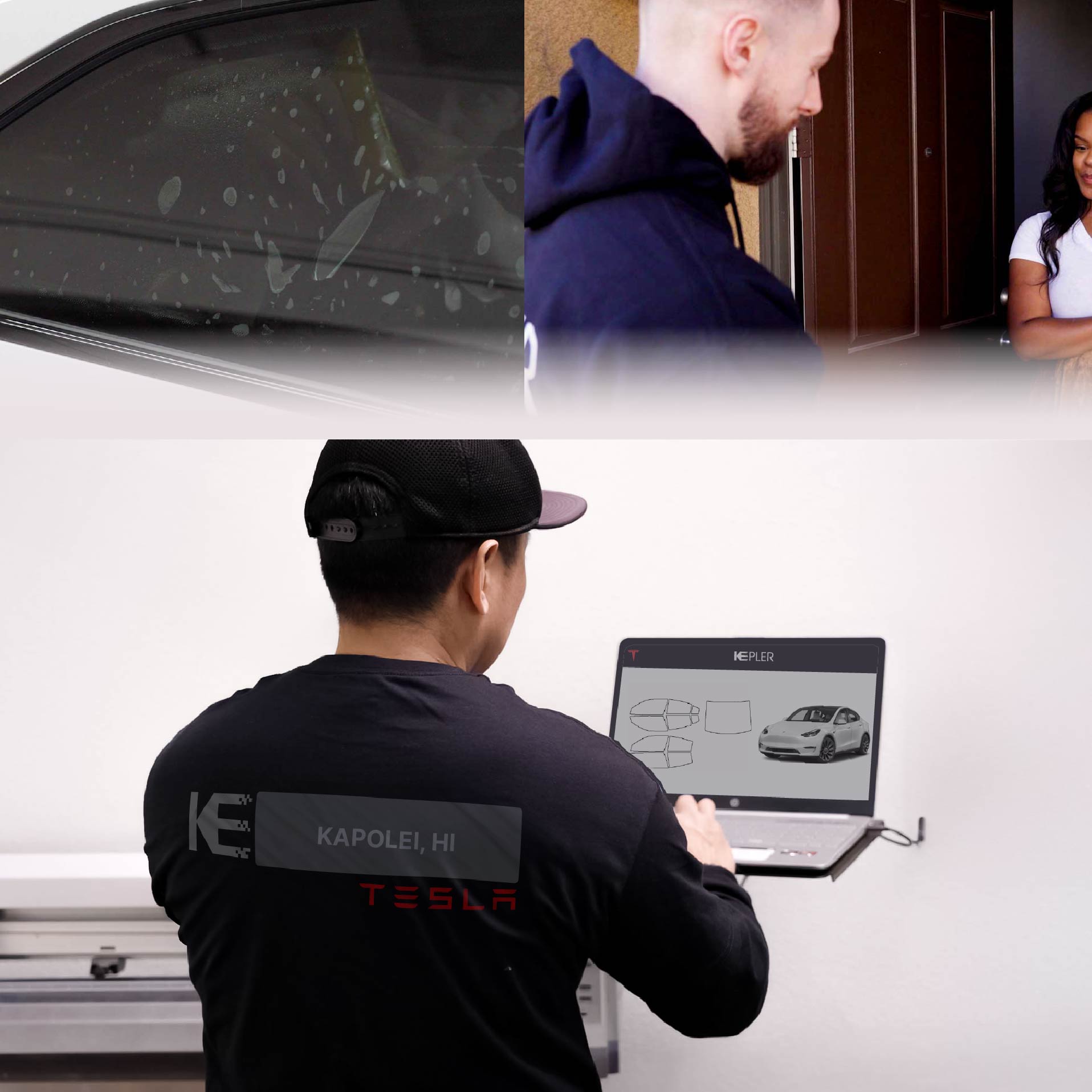 Expert Technician Applying High-tech Window Tint to Tesla in Kapolei