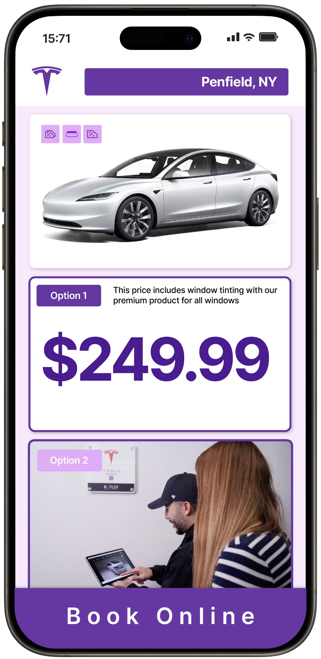 View Affordable Tesla Window Tinting Prices in Penfield, New York