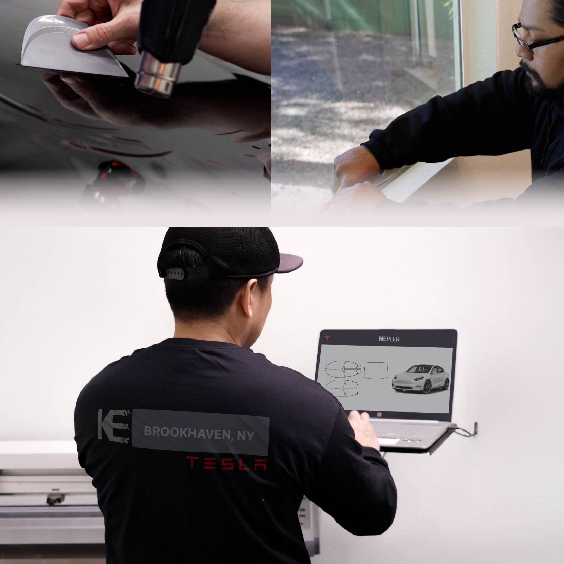 Kepler Technician Applying Ceramic Window Tint to Tesla in Brookhaven