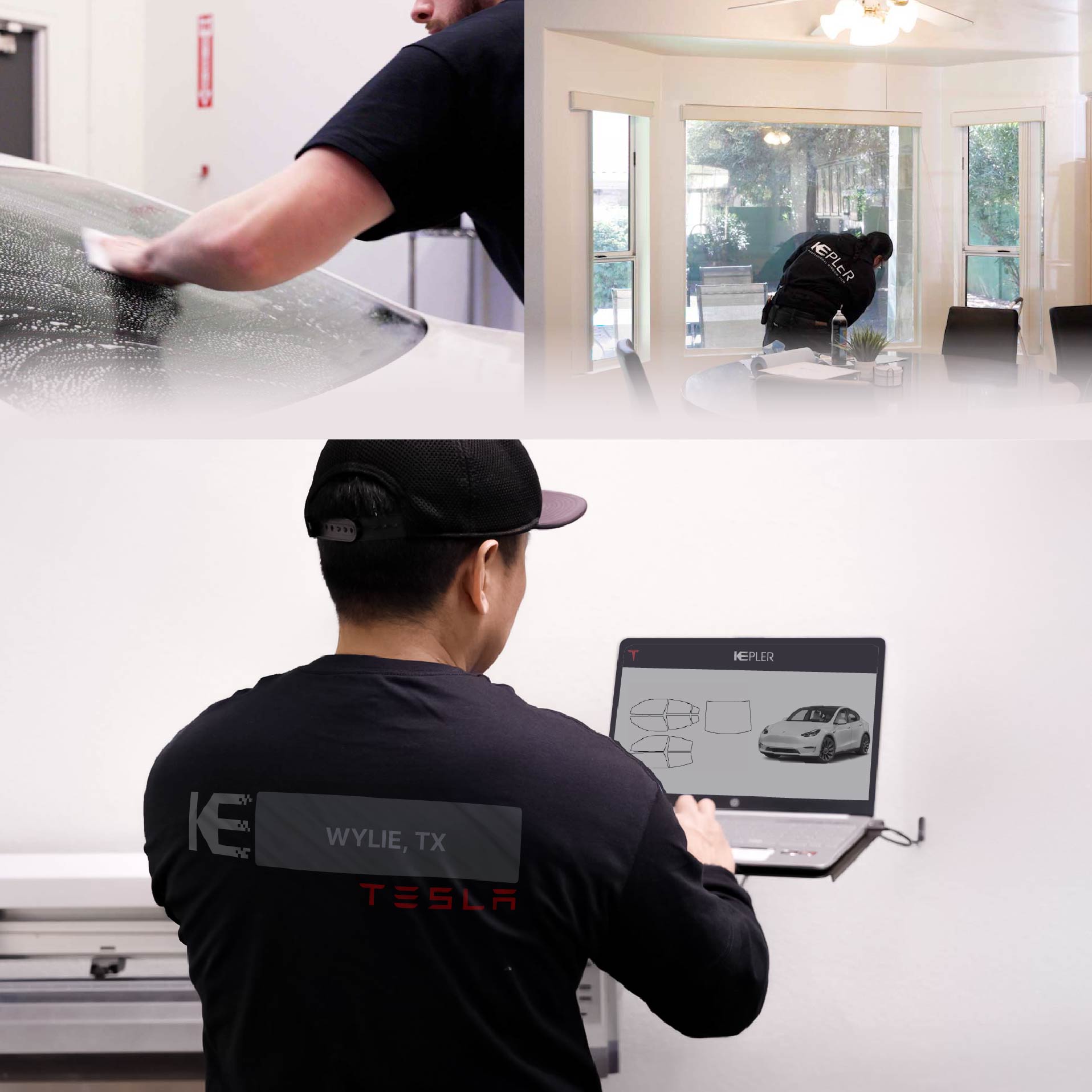 Kepler Technician Applying Ceramic Window Tint to Tesla in Wylie