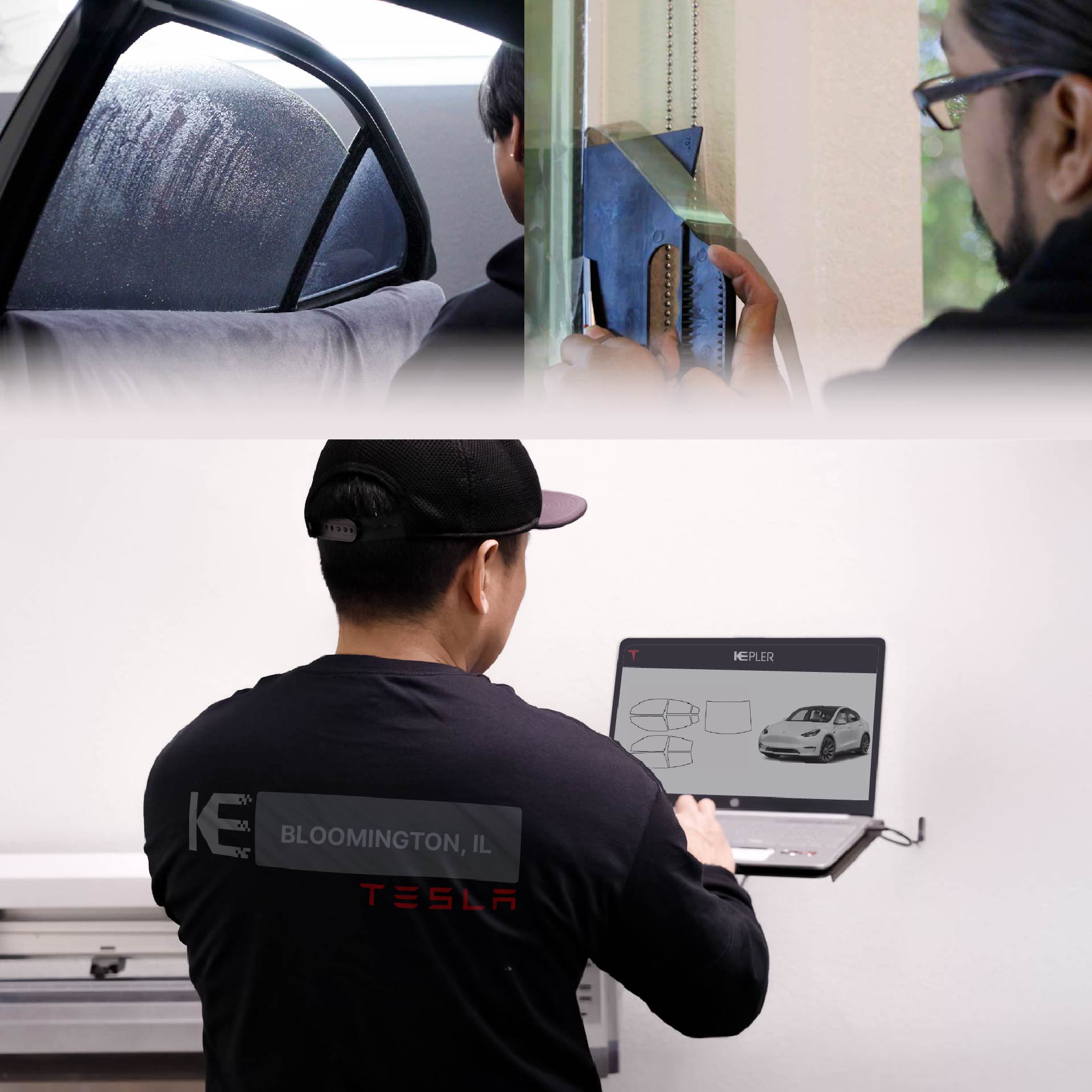 Kepler Technician Fitting Ceramic Window Tint to Tesla in Bloomington