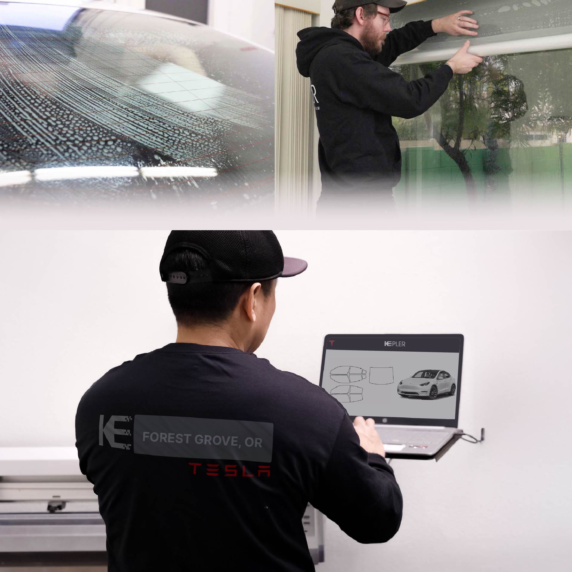 Kepler Technician Fitting Advanced Window Tint to Tesla in Forest Grove