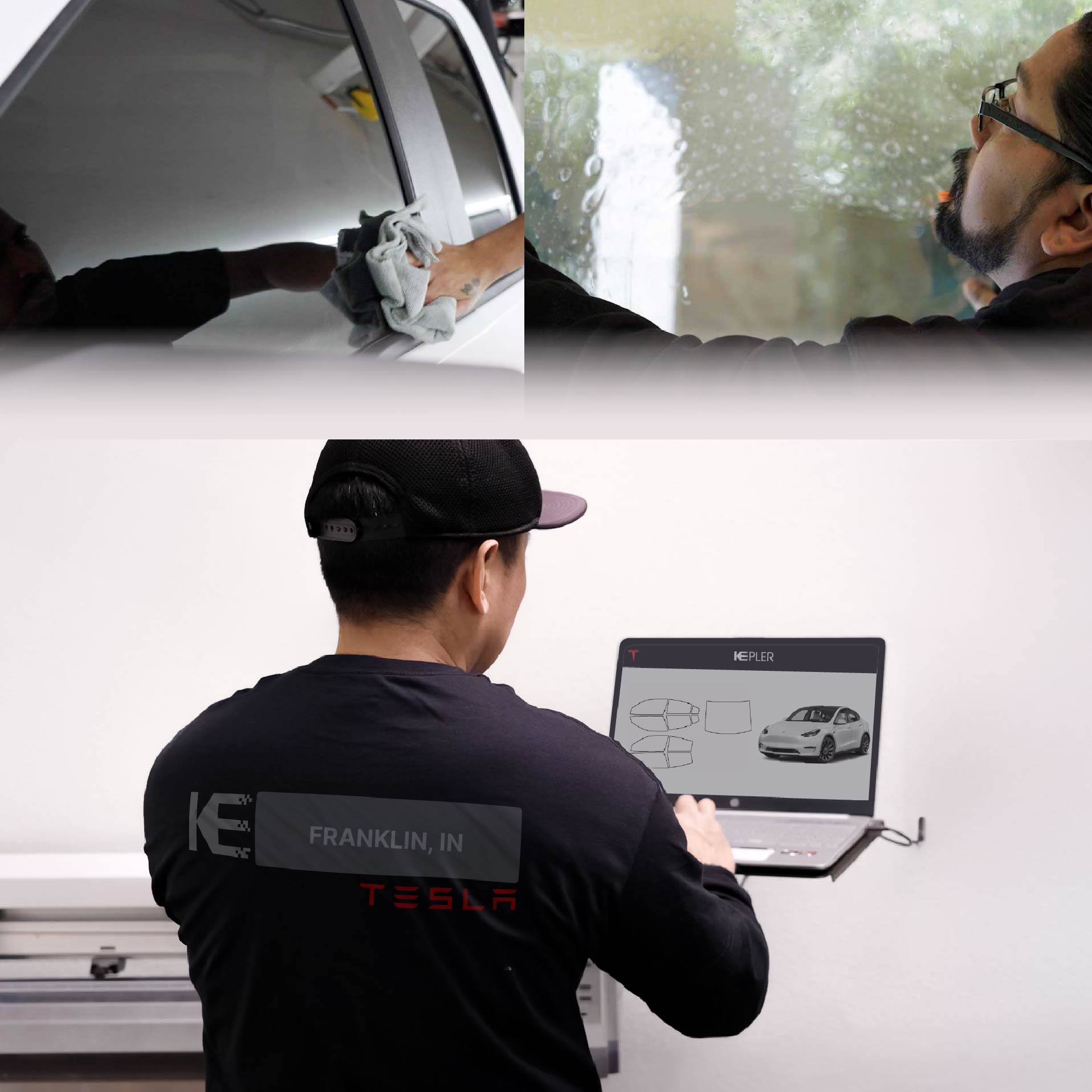Expert Technician Fitting High-tech Window Tint to Tesla in Franklin