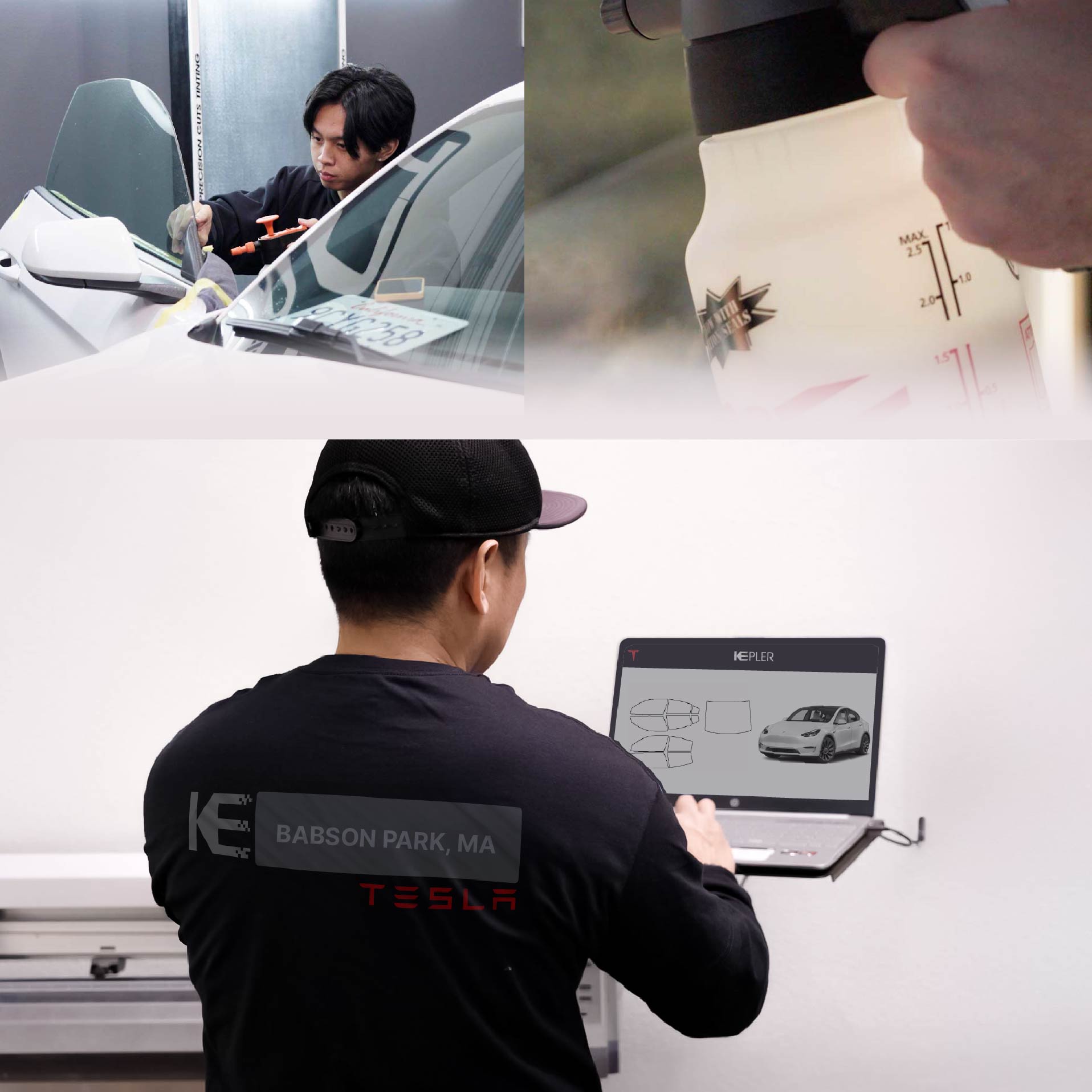 Kepler Technician Fitting Ceramic Window Tint to Tesla in Babson Park