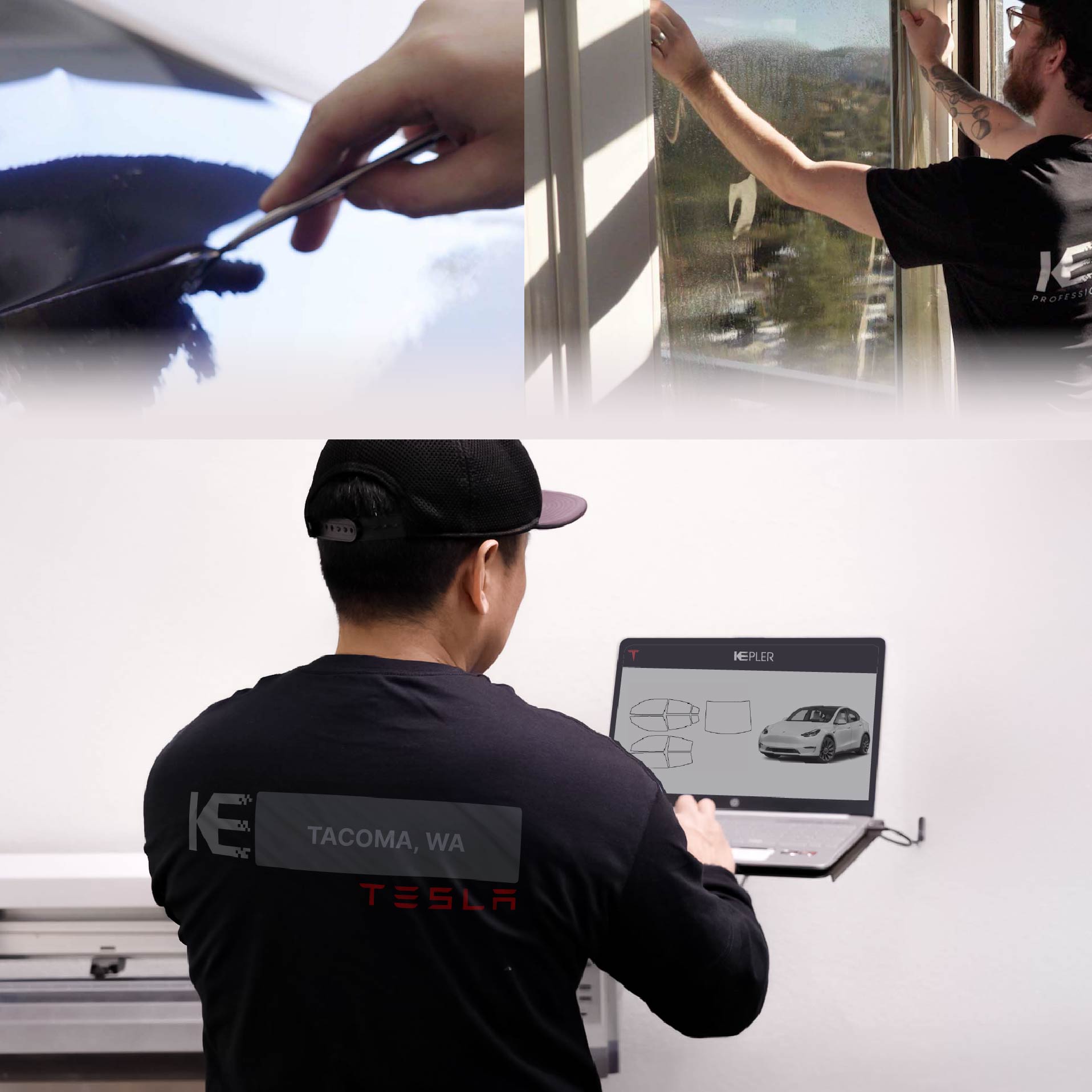 Kepler Technician Applying High-tech Window Tint to Tesla in Tacoma