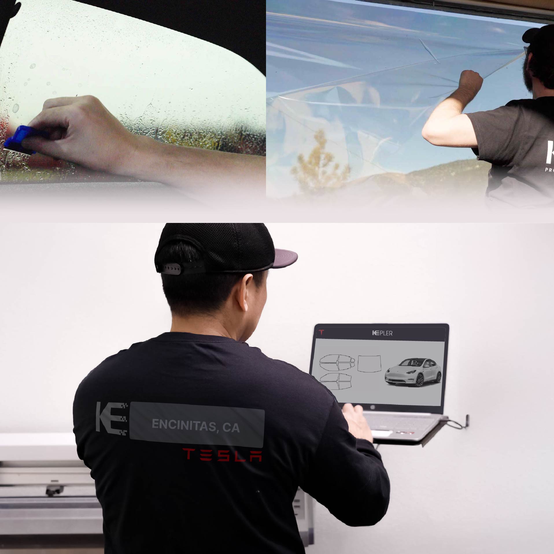 Kepler Technician Fitting High-tech Window Tint to Tesla in Encinitas