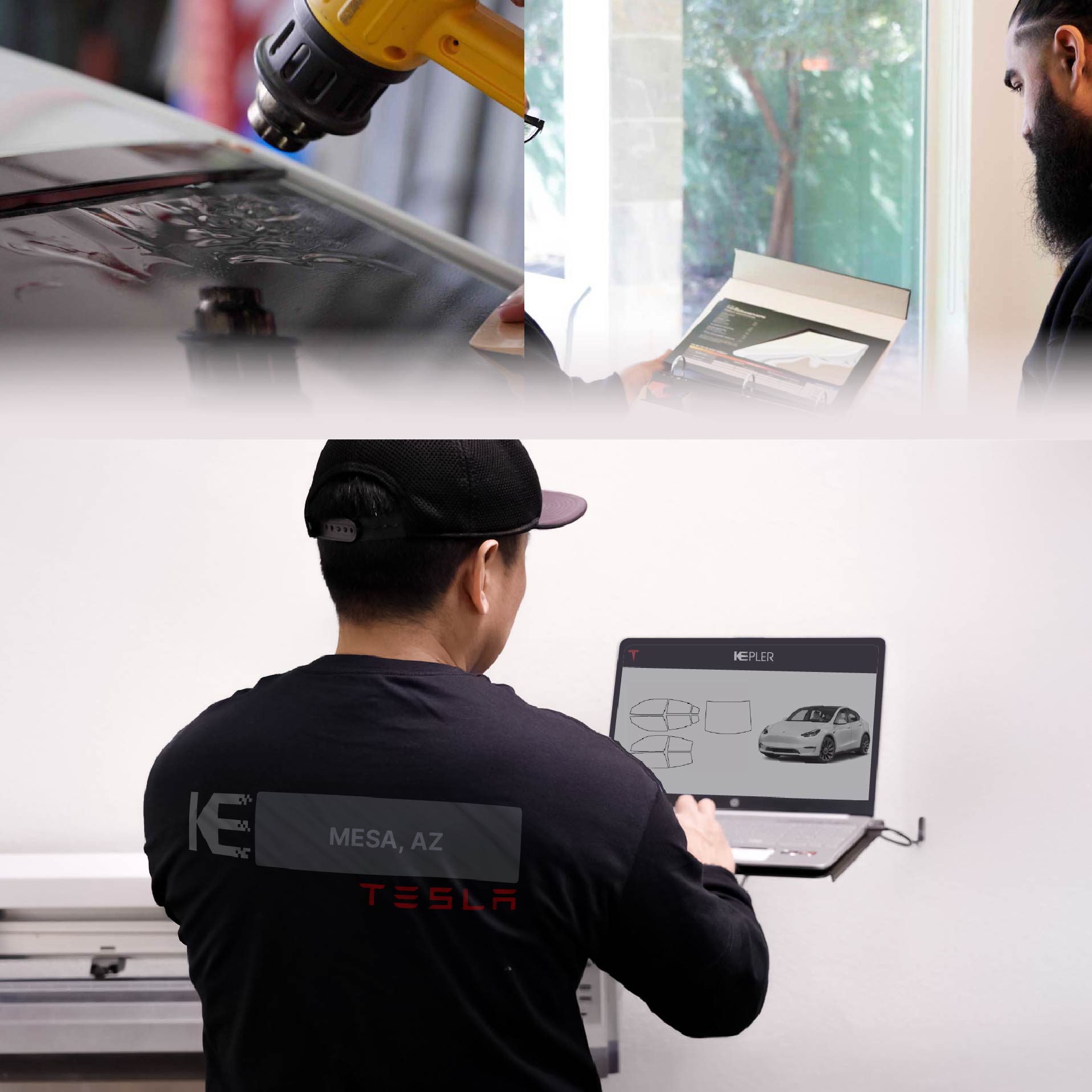 Expert Technician Fitting High-tech Window Tint to Tesla in Mesa