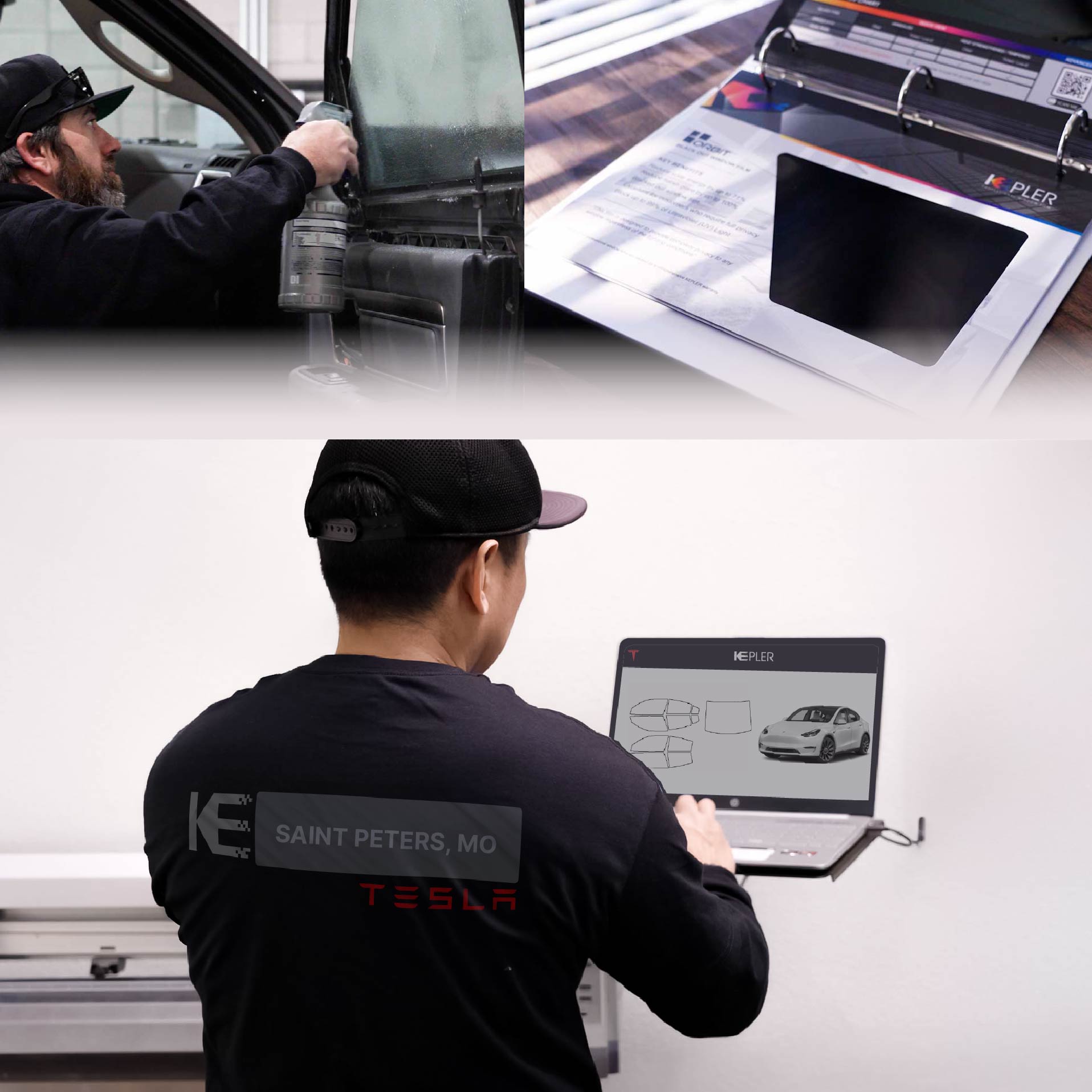 Expert Technician Installing Ceramic Window Tint to Tesla in Saint Peters