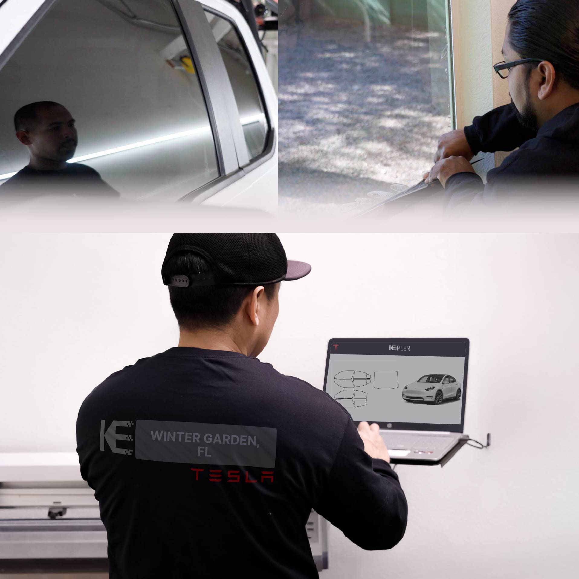 Kepler Technician Fitting Ceramic Window Tint to Tesla in Winter Garden
