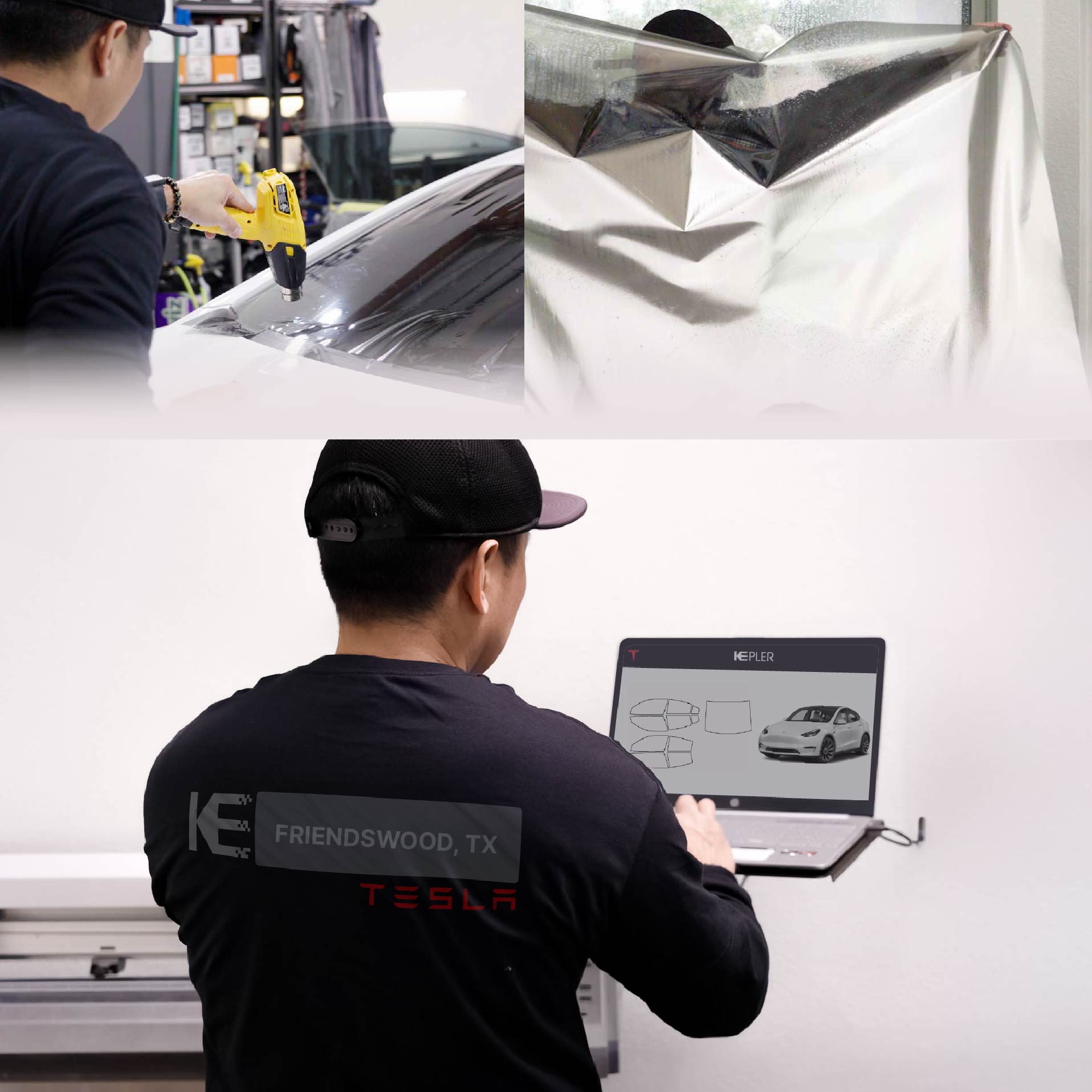 Kepler Technician Applying Ceramic Window Tint to Tesla in Friendswood