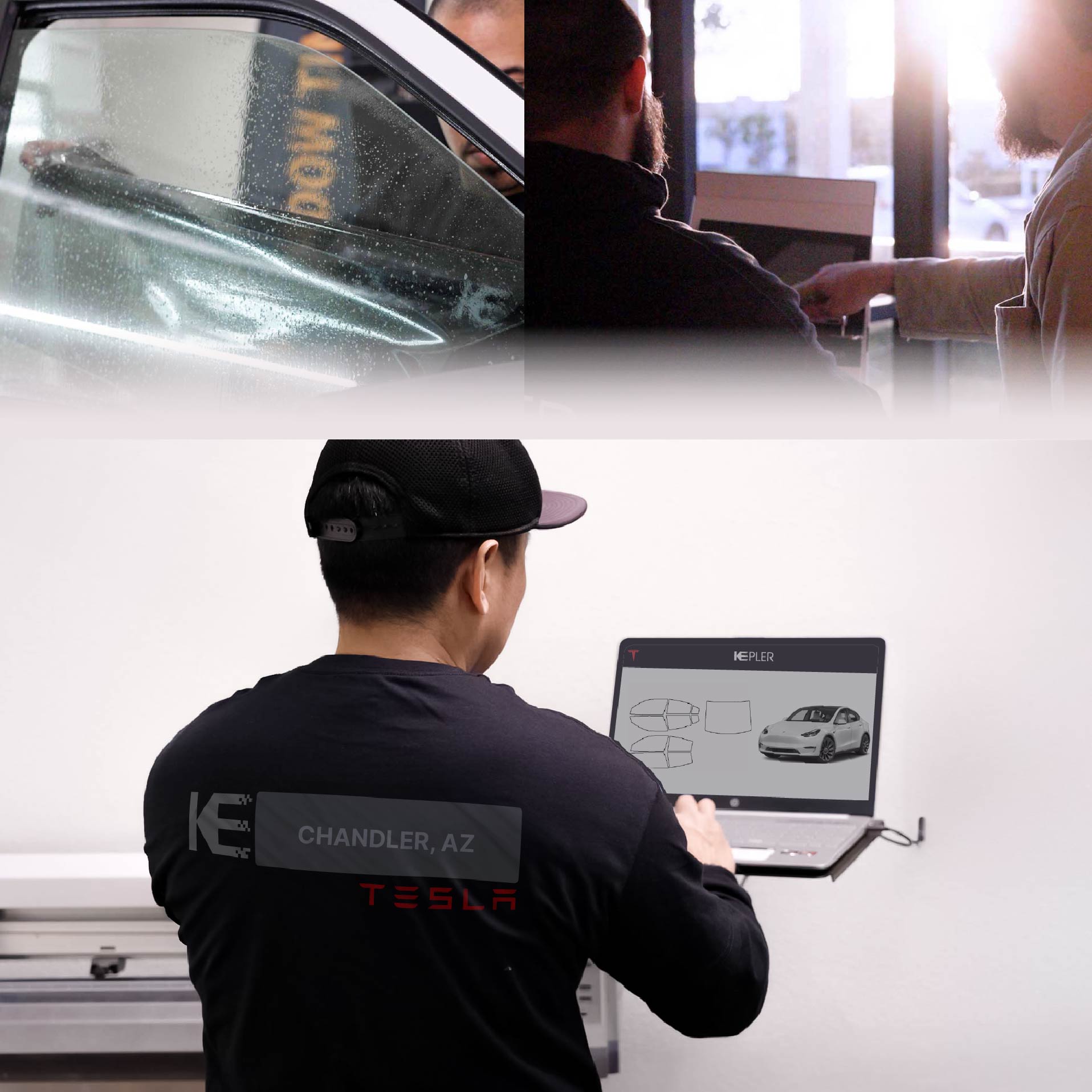 Expert Technician Applying Ceramic Window Tint to Tesla in Chandler